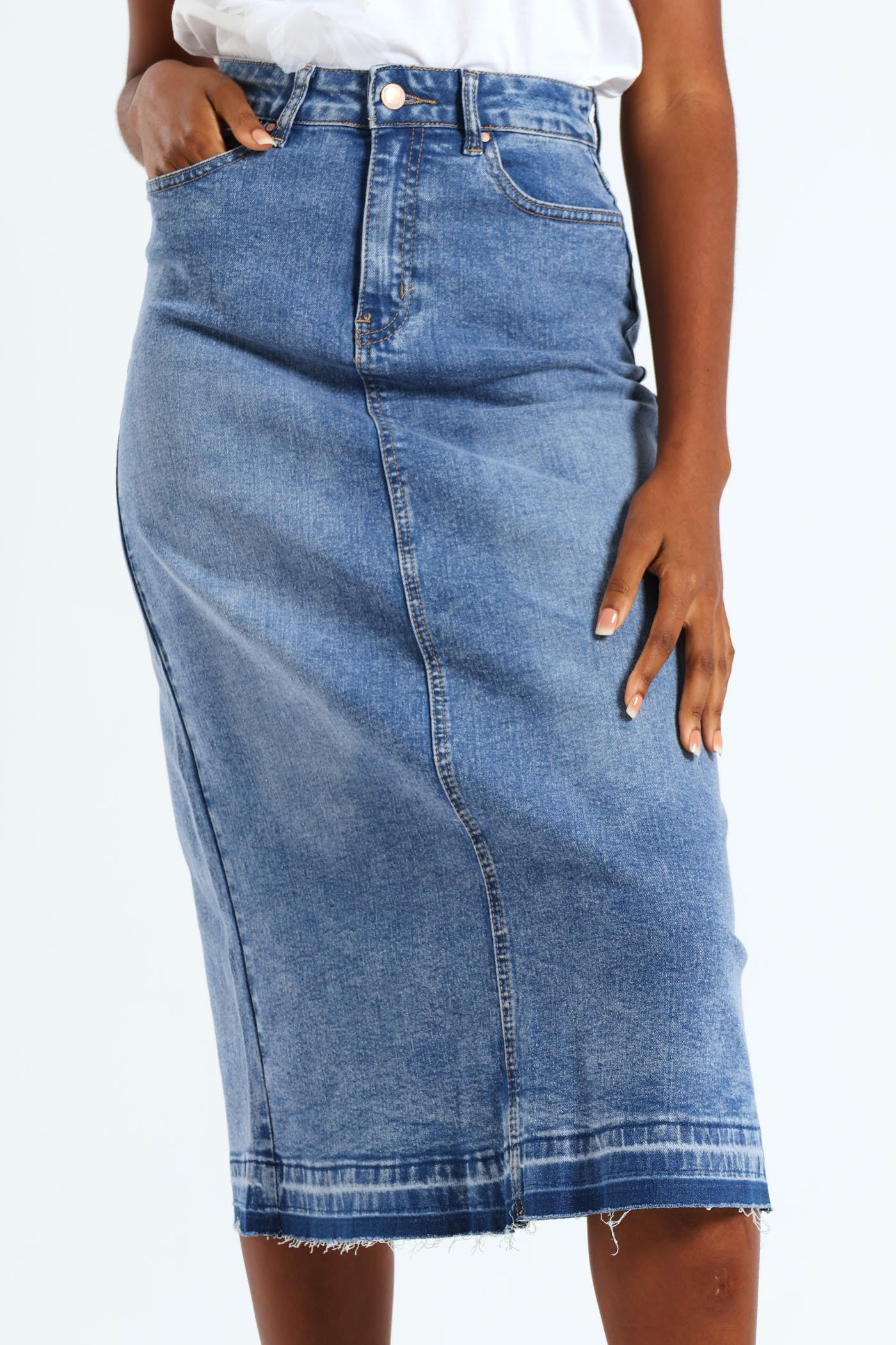 Denim Midi Skirt With Back Slit - Mid Blue - Image 2