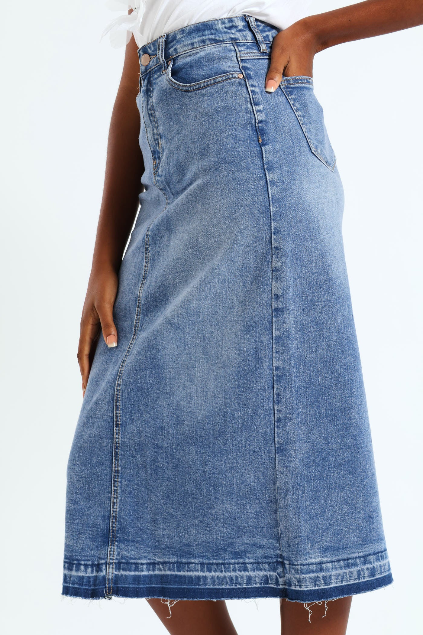 Denim Midi Skirt With Back Slit - Mid Blue - Image 3
