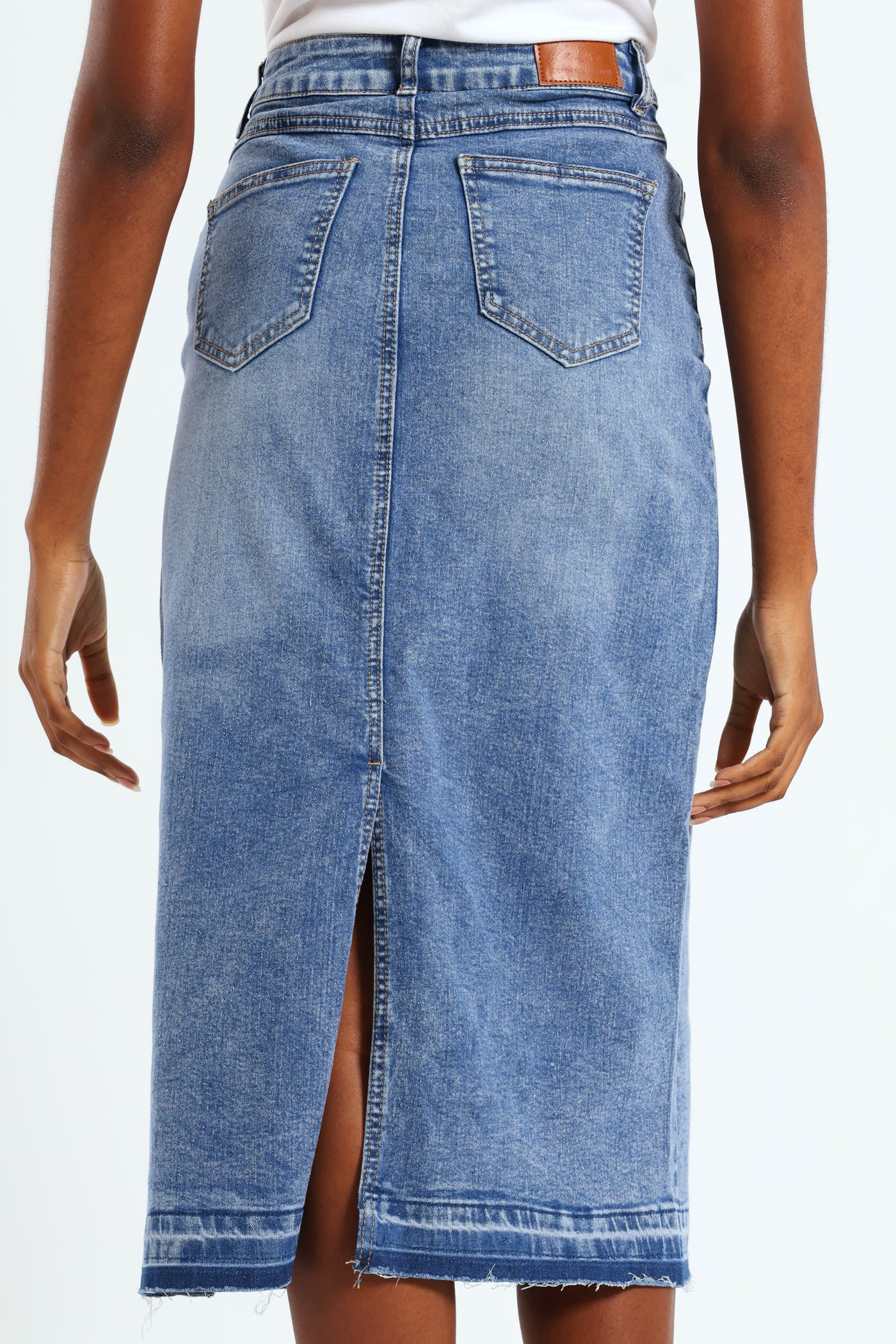 Denim Midi Skirt With Back Slit - Mid Blue - Image 4