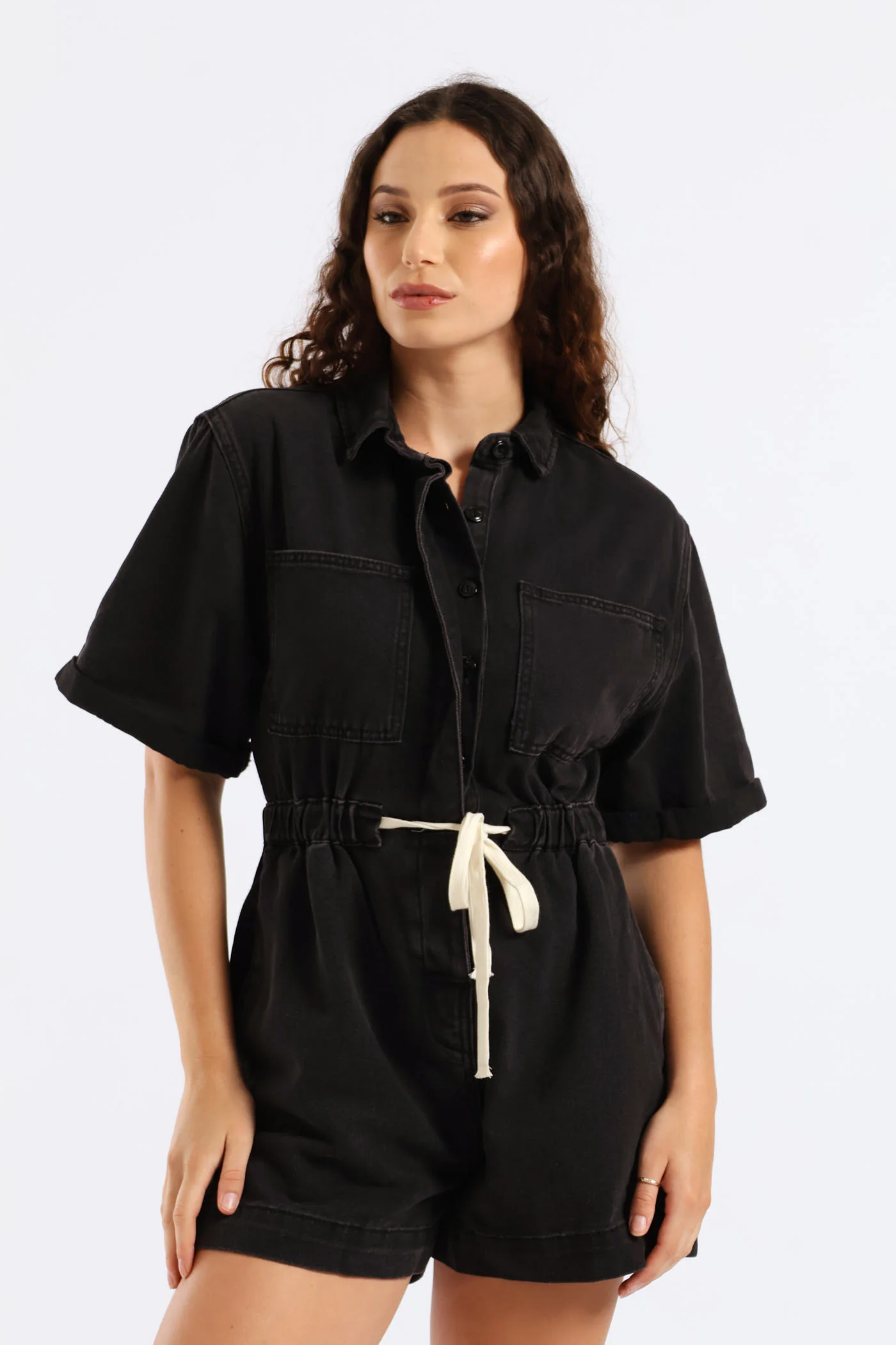 Denim Shortall Jumpsuit - Black - Image 2
