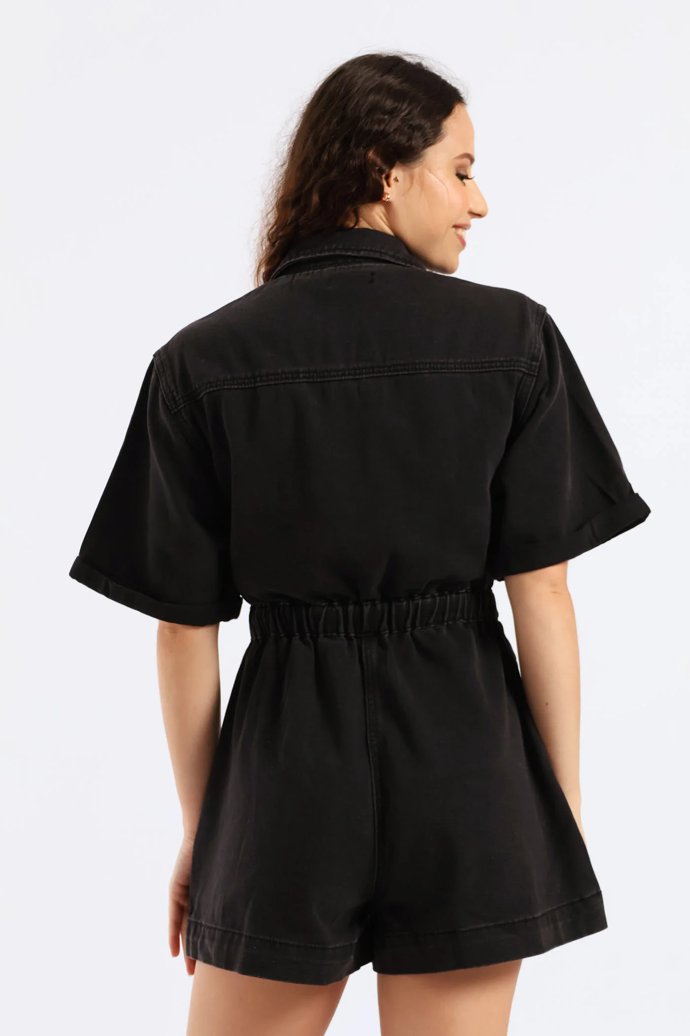 Denim Shortall Jumpsuit - Black - Image 6