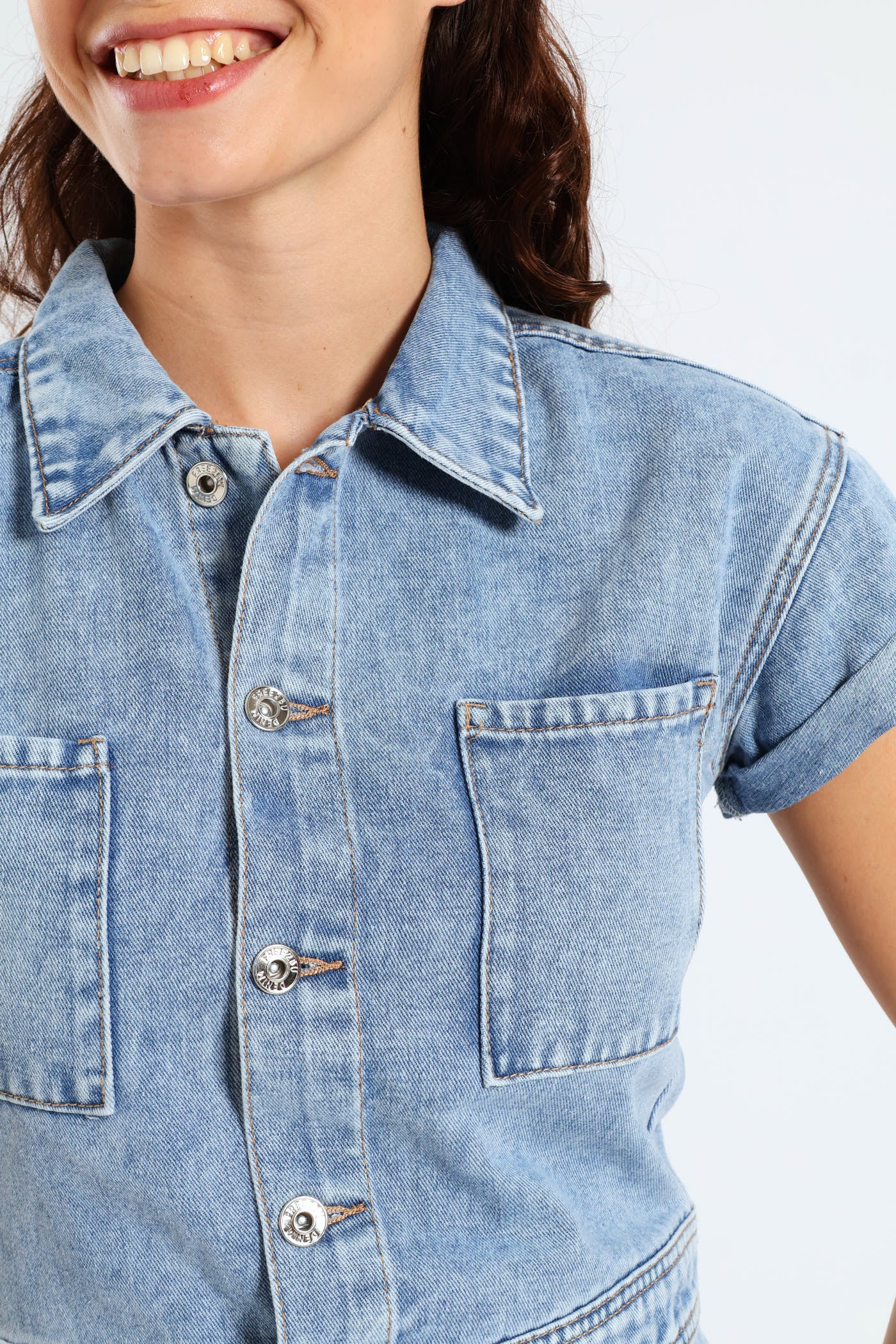 Denim Short Jumpsuit - Mid Blue - Image 3