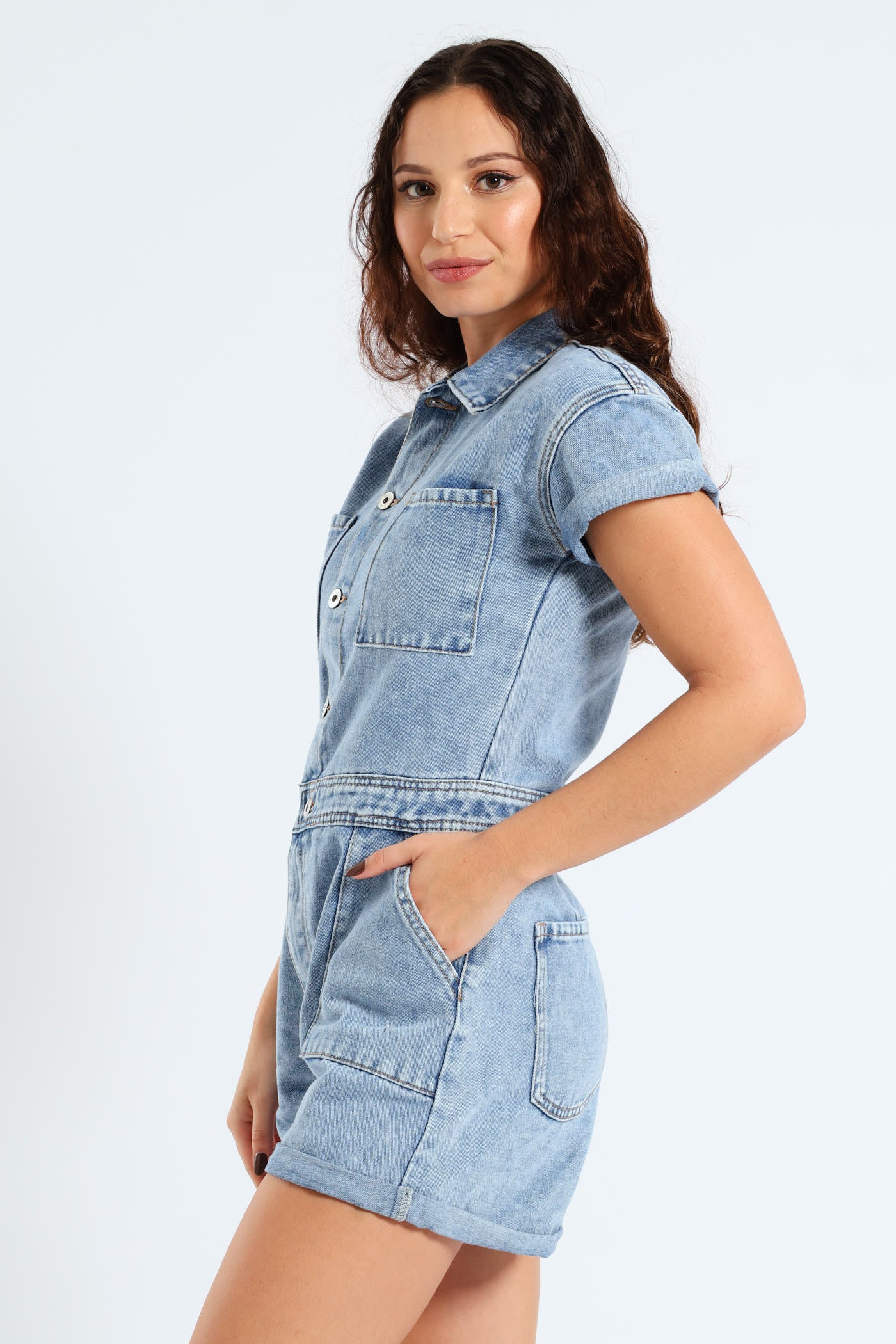 Denim Short Jumpsuit - Mid Blue - Image 4