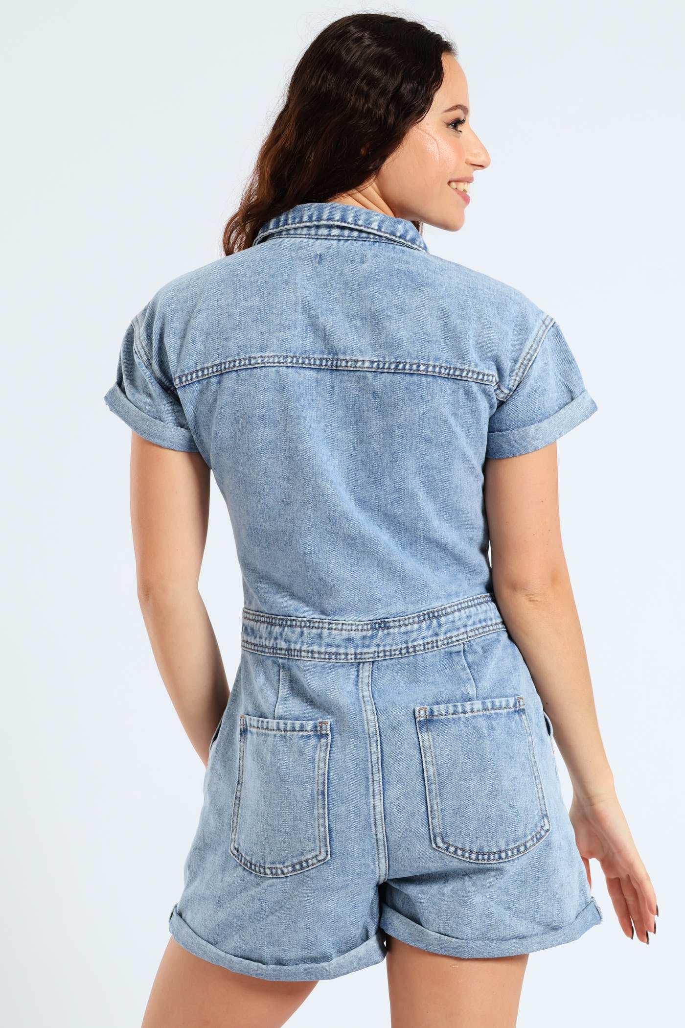 Denim Short Jumpsuit - Mid Blue - Image 5