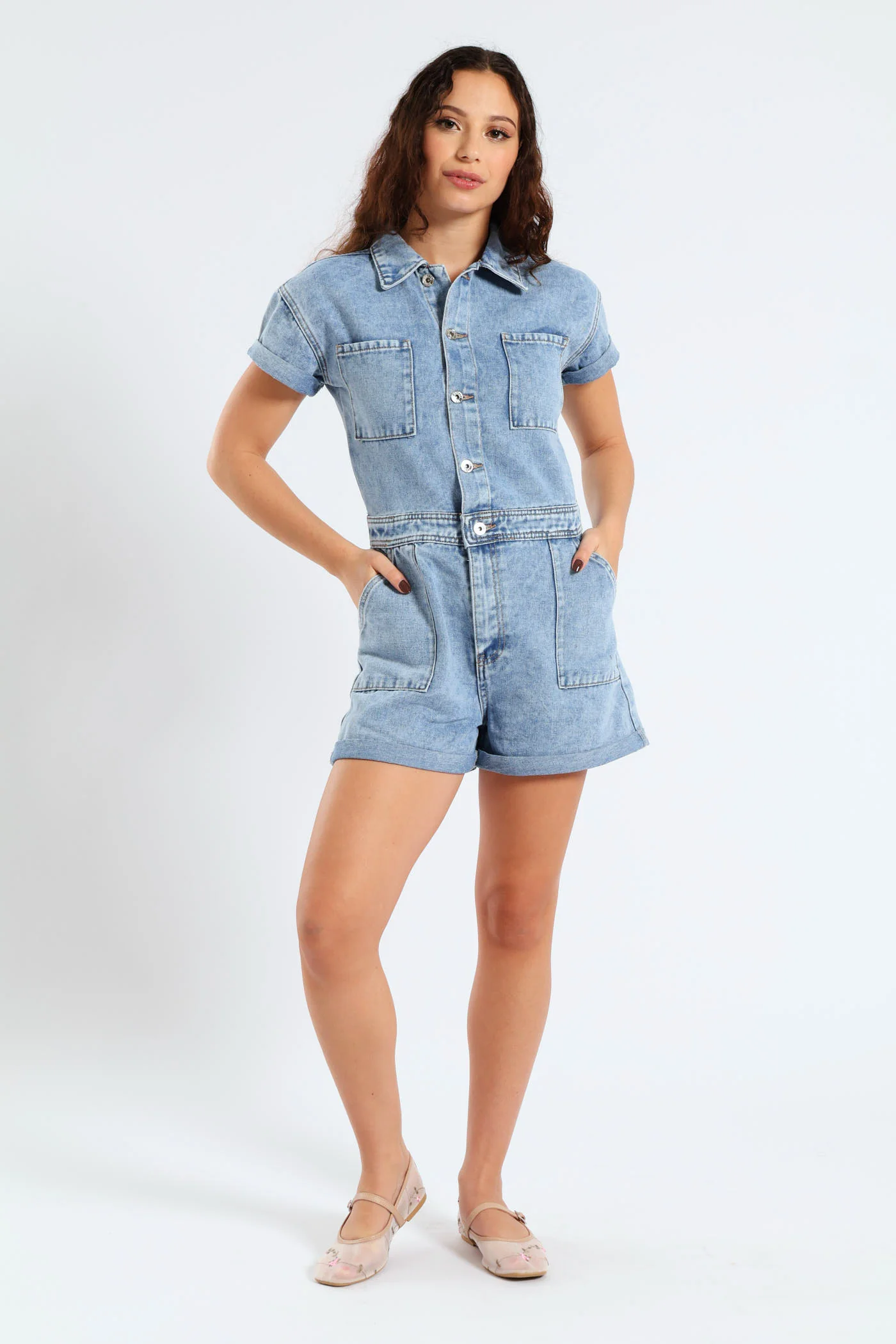 Denim Short Jumpsuit - Mid Blue - Image 6