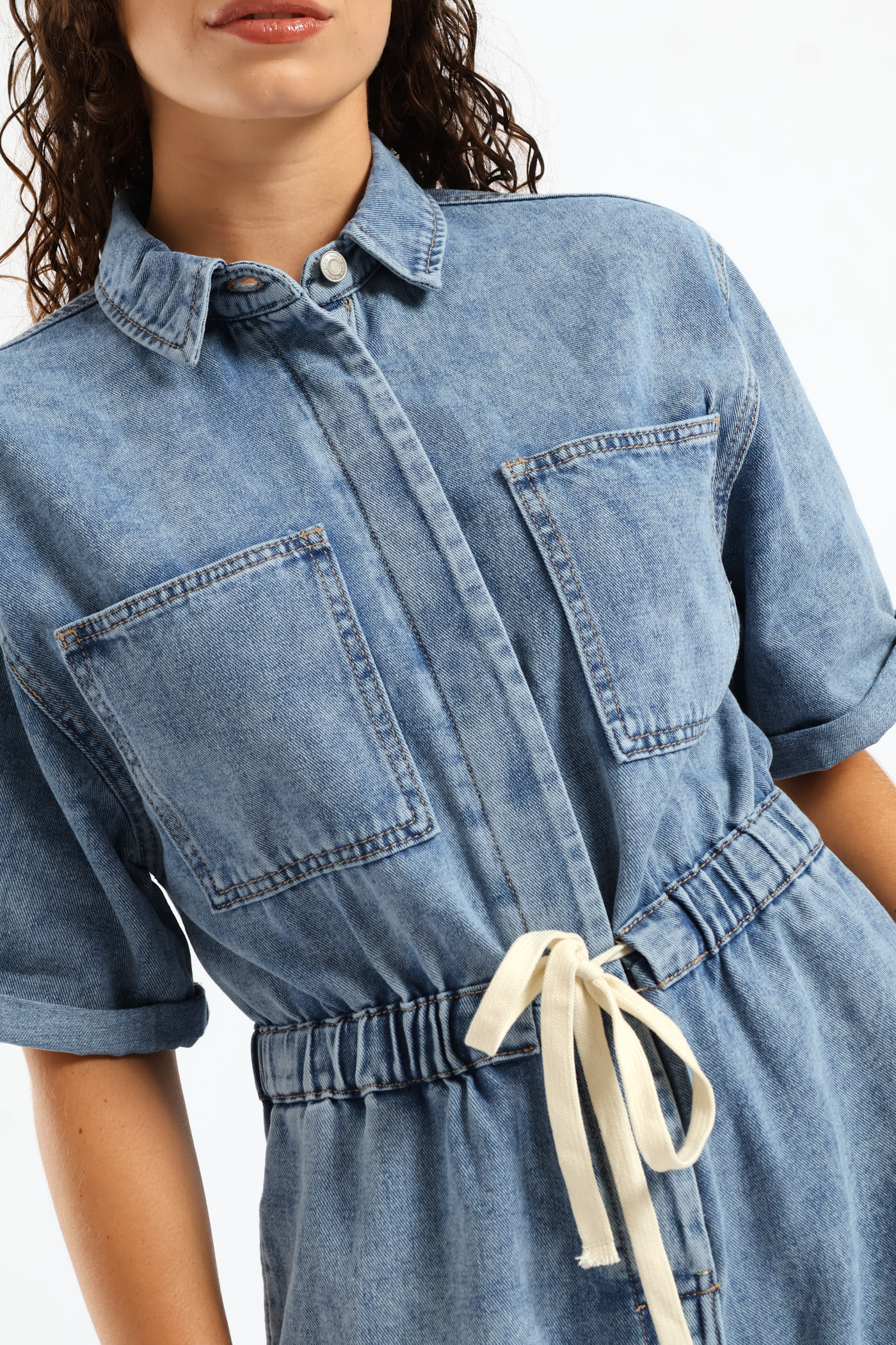 Denim Shortall Jumpsuit - Salty Mid Wash - Image 2