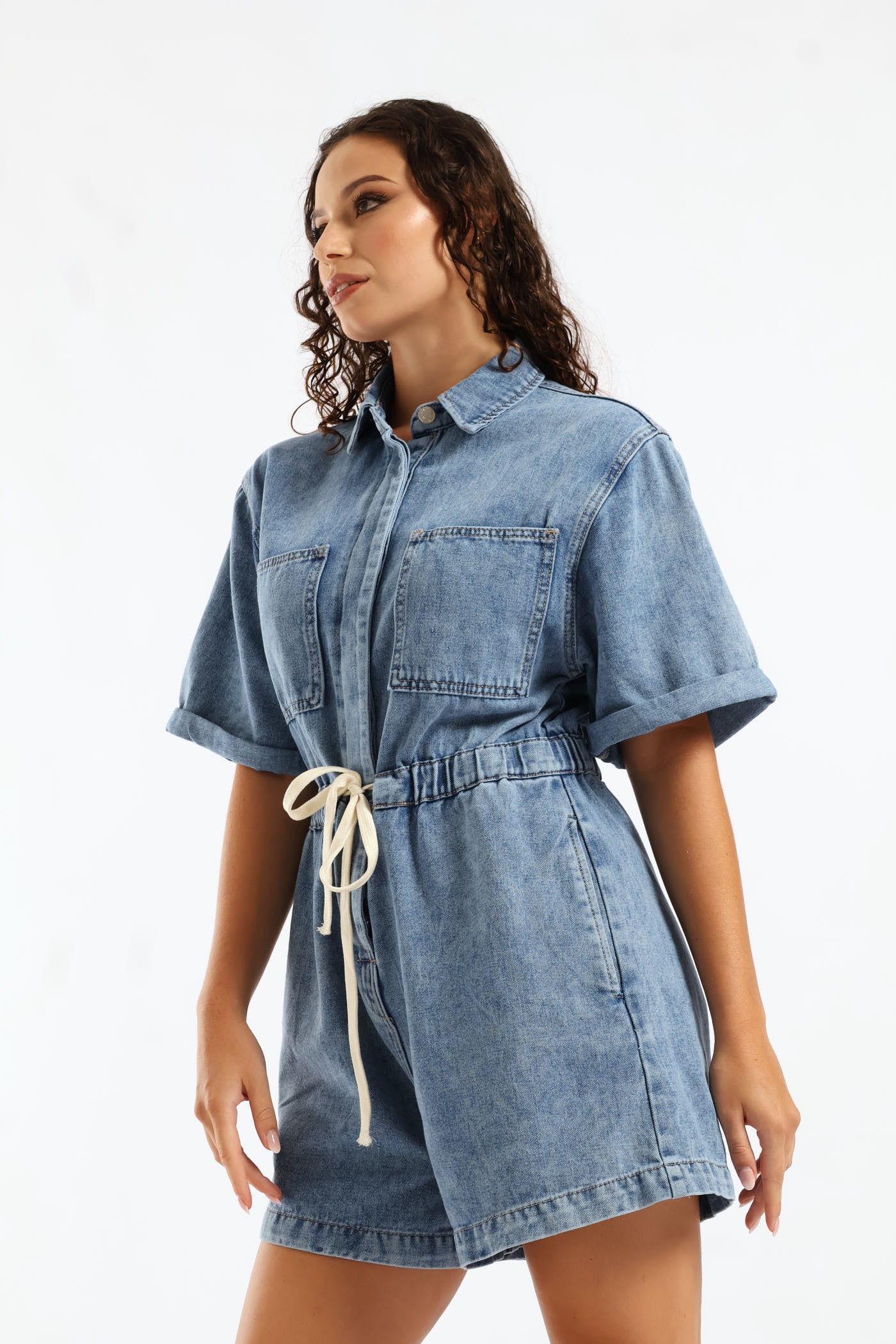 Denim Shortall Jumpsuit - Salty Mid Wash - Image 3