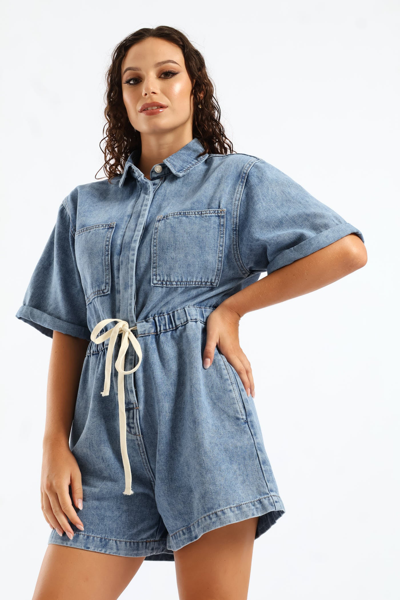 Denim Shortall Jumpsuit - Salty Mid Wash - Image 4