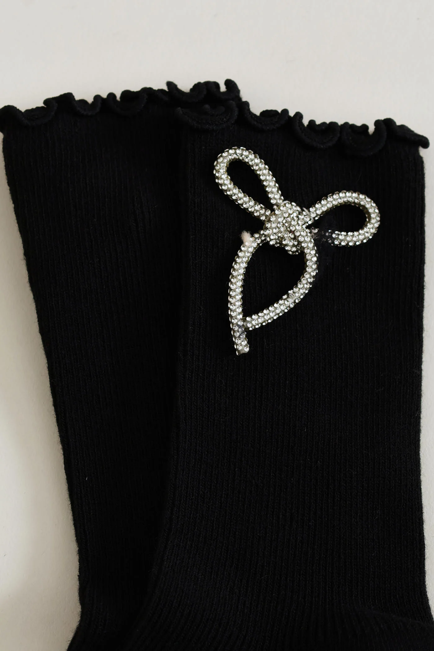 Diamante Bow Crew Fashion Socks - Black - Image 2