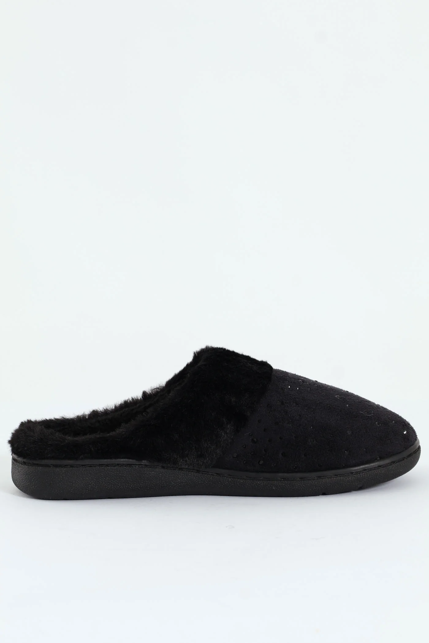 Diamante Closed Toe Slipper With Fur Topline - Black - Image 3
