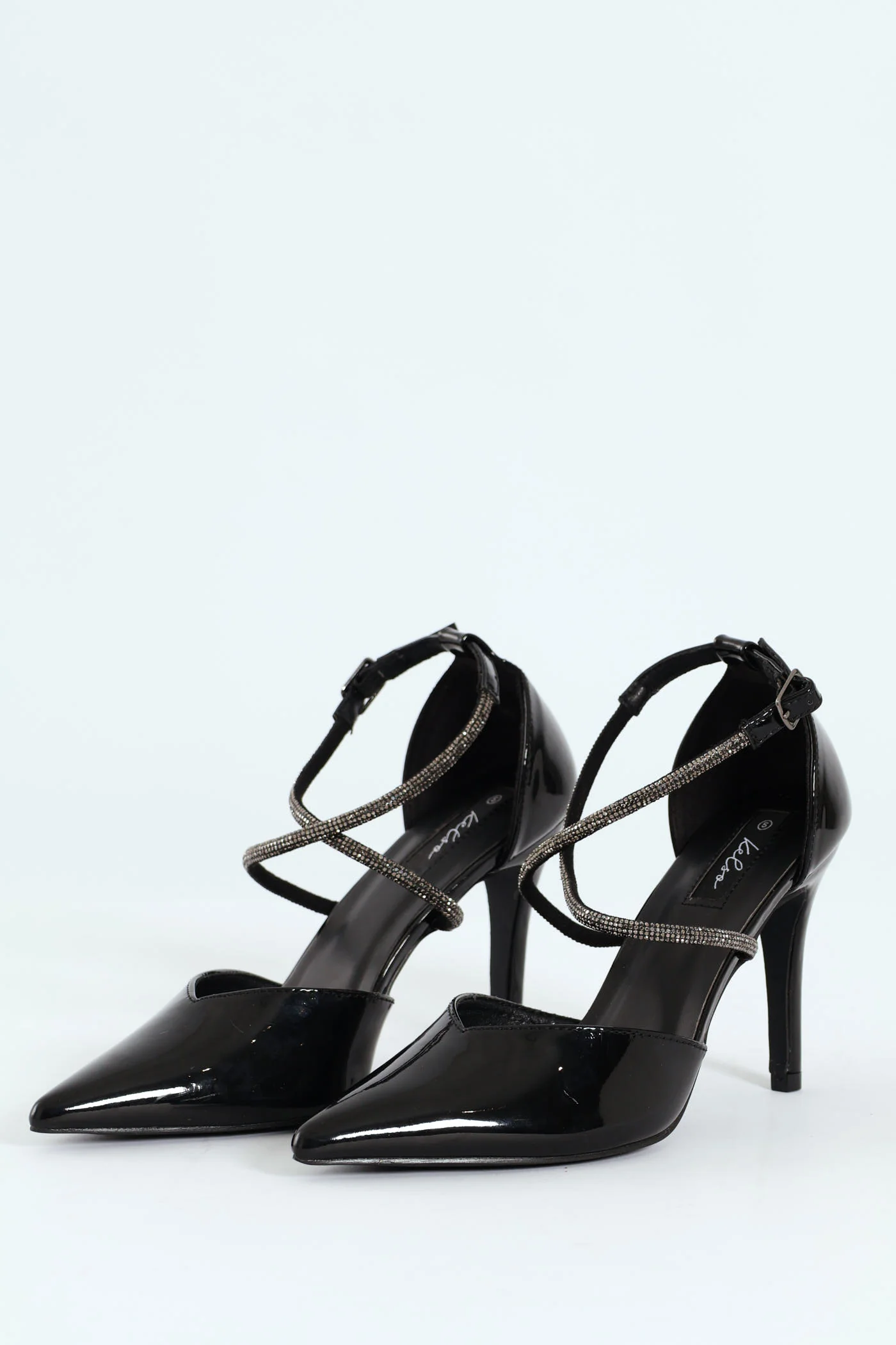 Diamante Cross Strap Court Heel - Black - Image 4