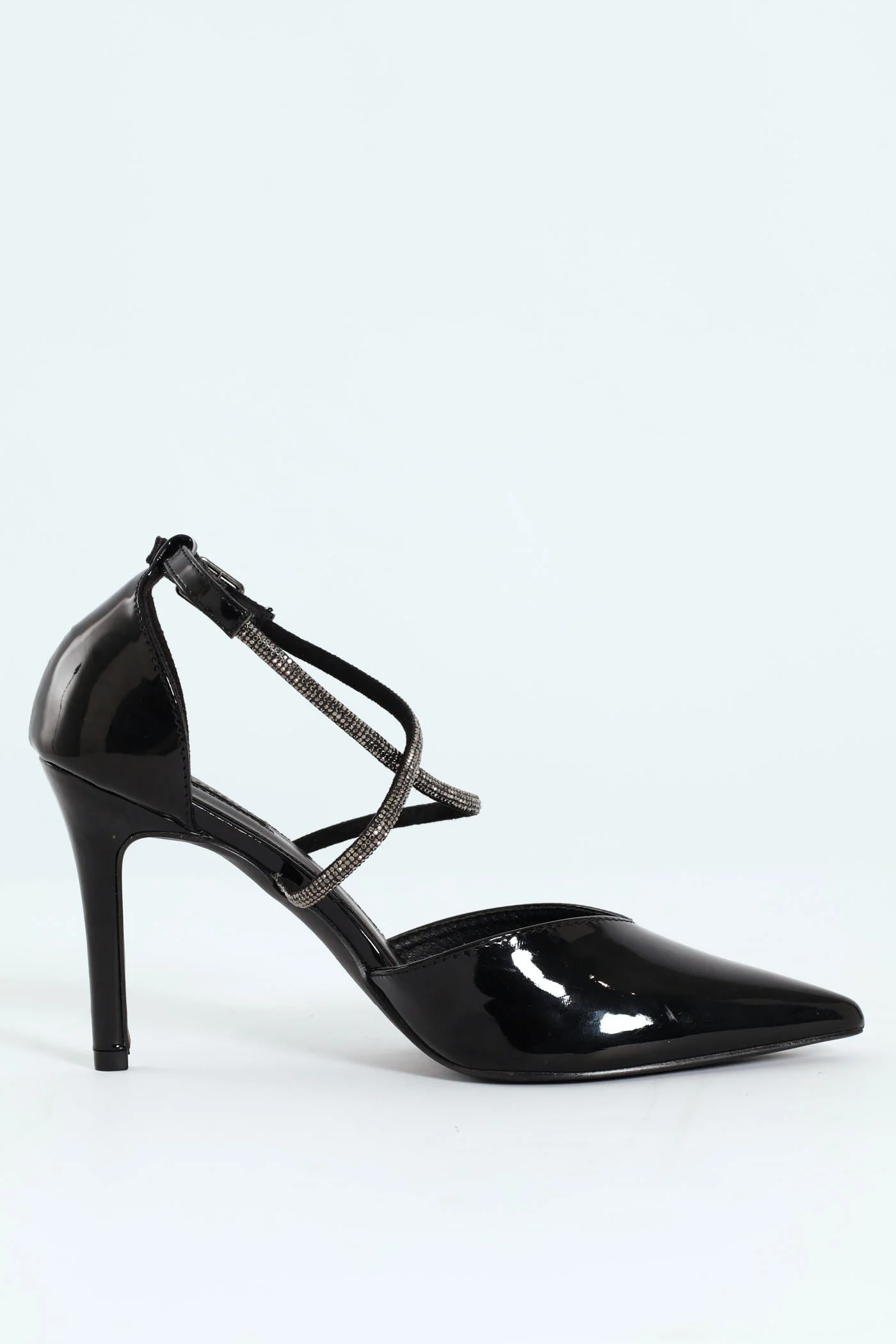 Diamante Cross Strap Court Heel - Black - Image 5
