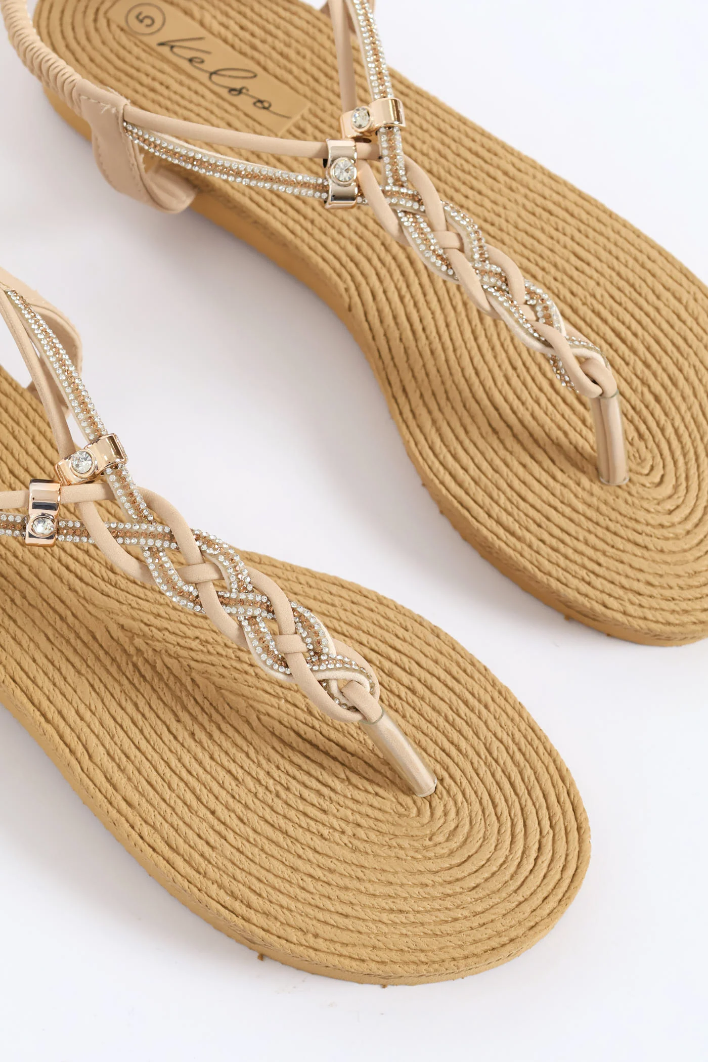 Diamante Plaited Slingback Thong Sandal - Stone - Image 2