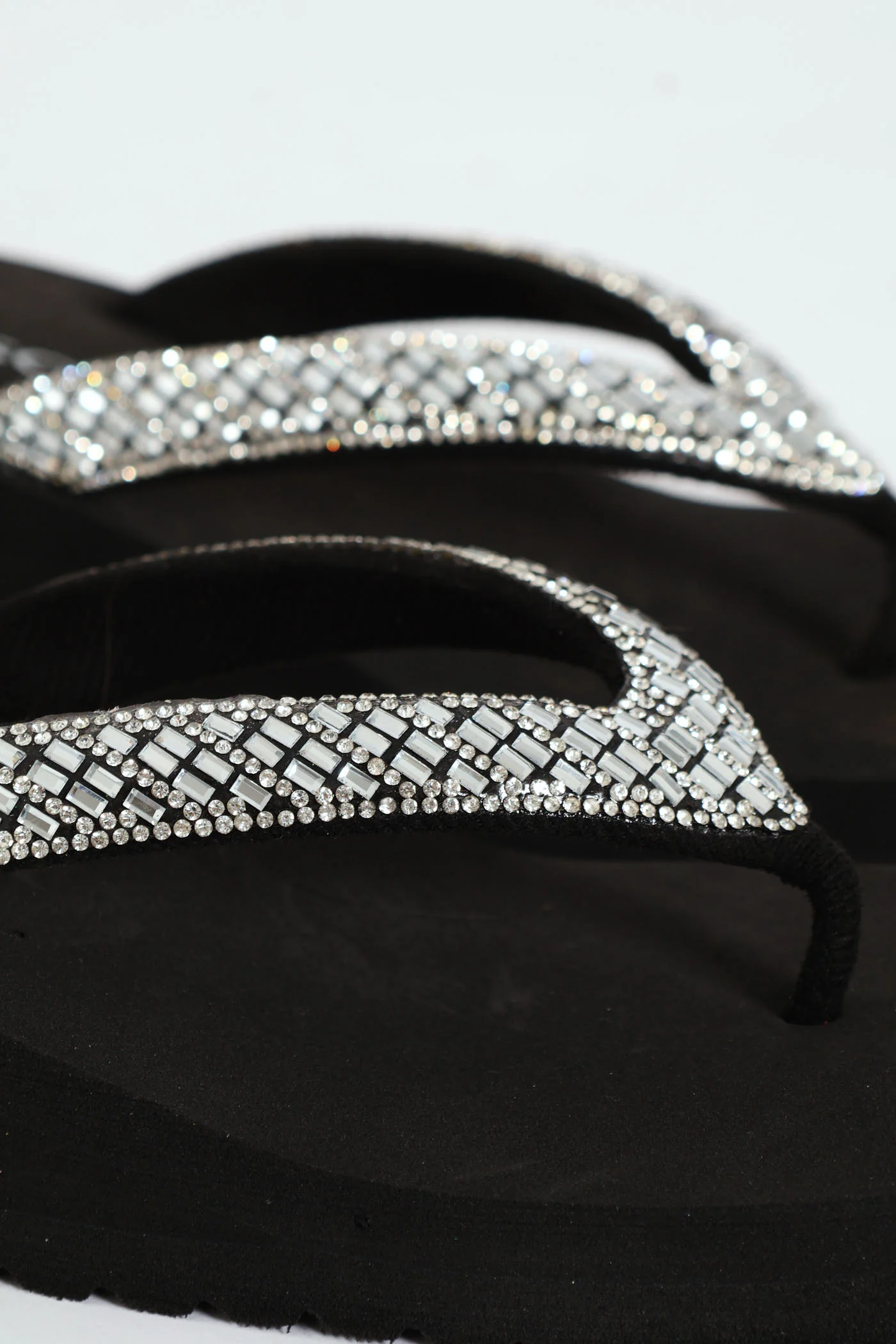 Diamante Puff Strap Thong Sandal - Black - Image 2