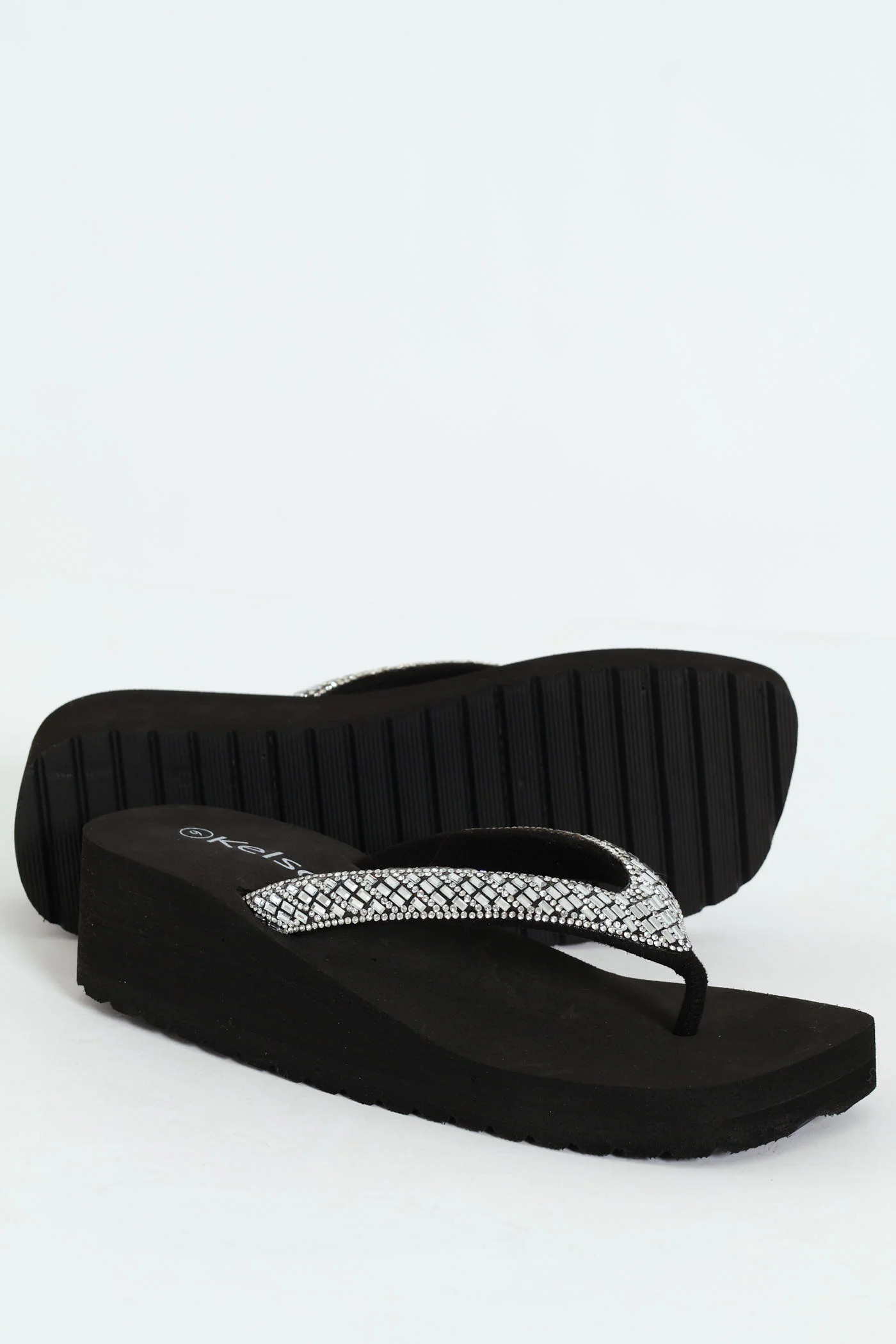 Diamante Puff Strap Thong Sandal - Black - Image 4