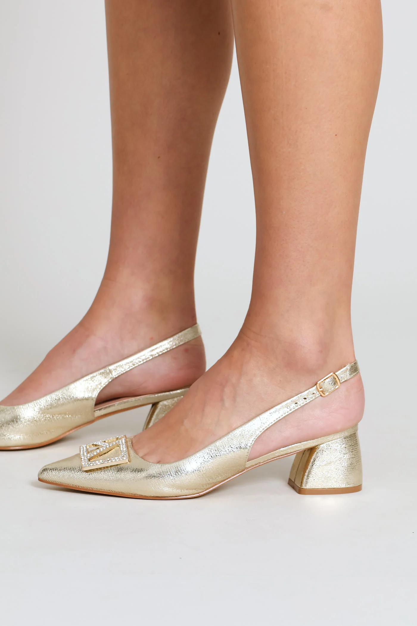 Diamante Trim Block Mule Heel - Gold - Image 5