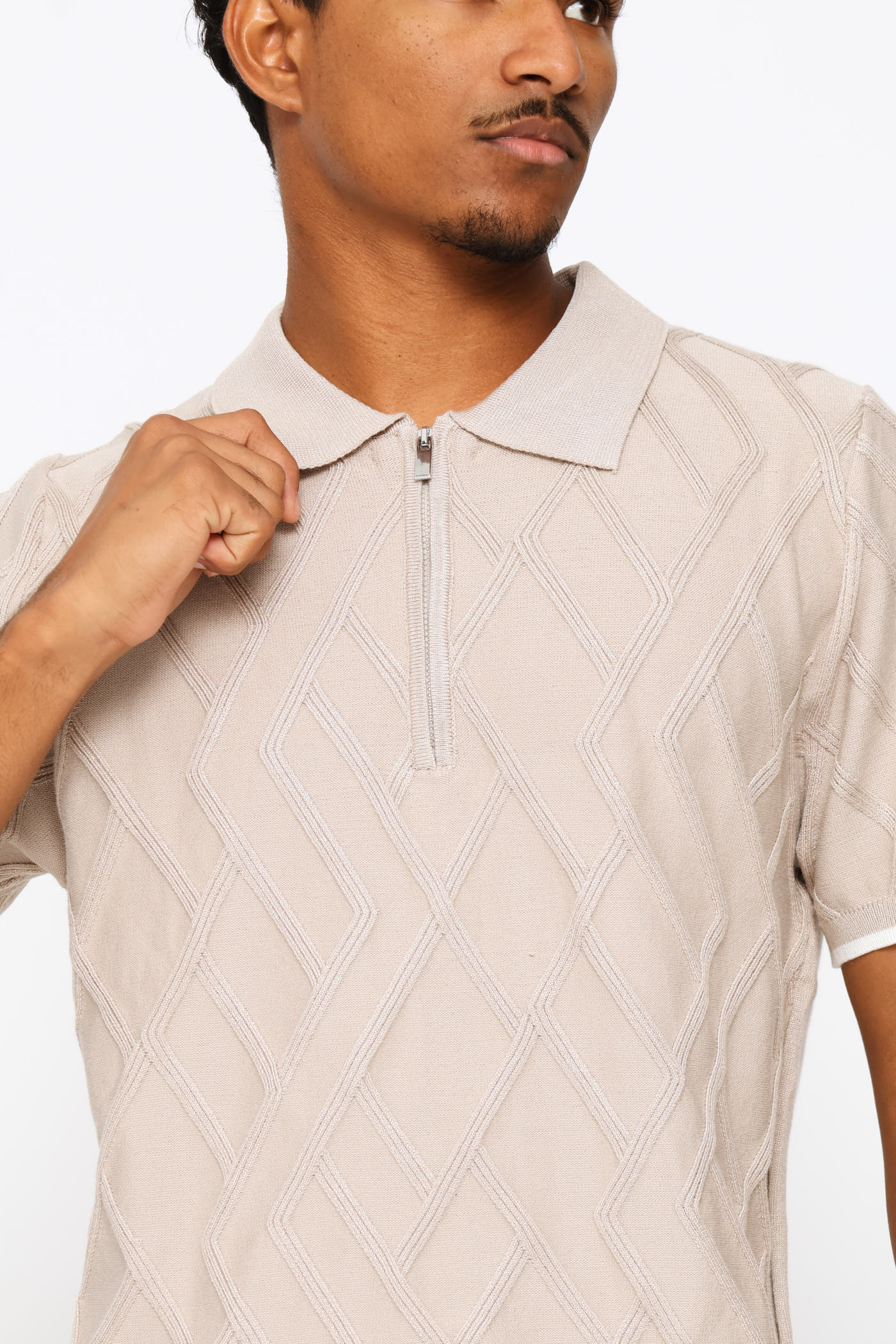 Diamond Textured Quarter Zip Knit Golfer - Stone - Image 2