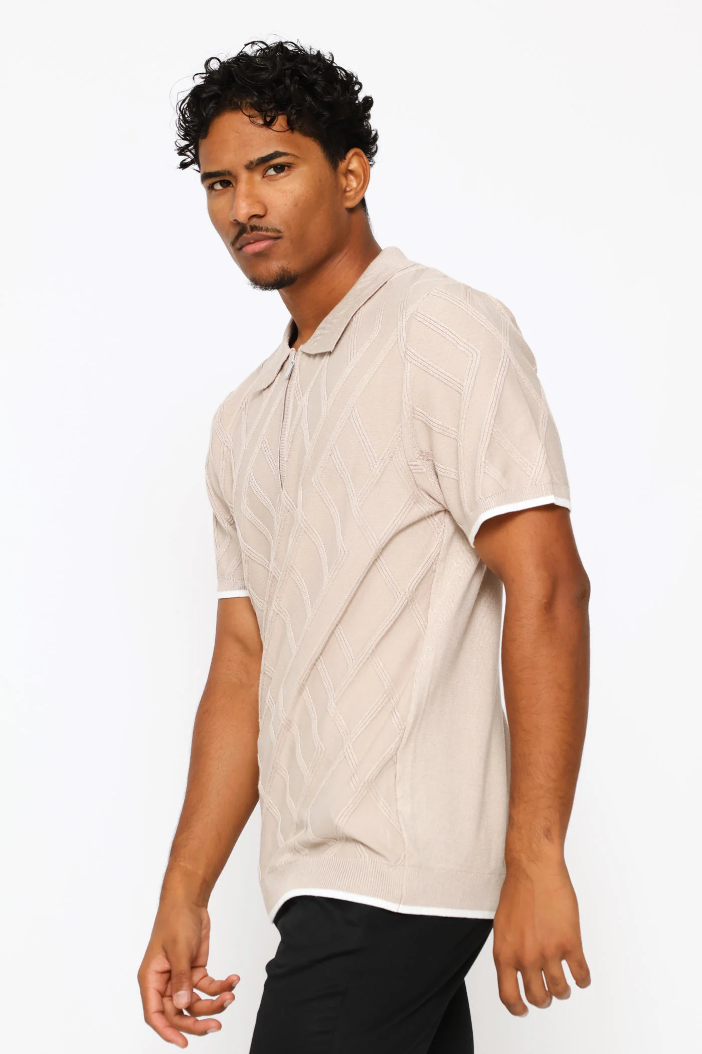 Diamond Textured Quarter Zip Knit Golfer - Stone - Image 3