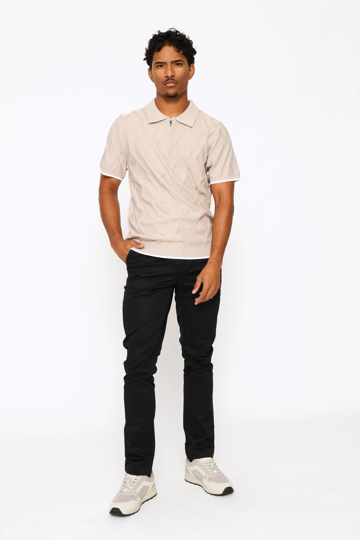 Diamond Textured Quarter Zip Knit Golfer - Stone - Image 5