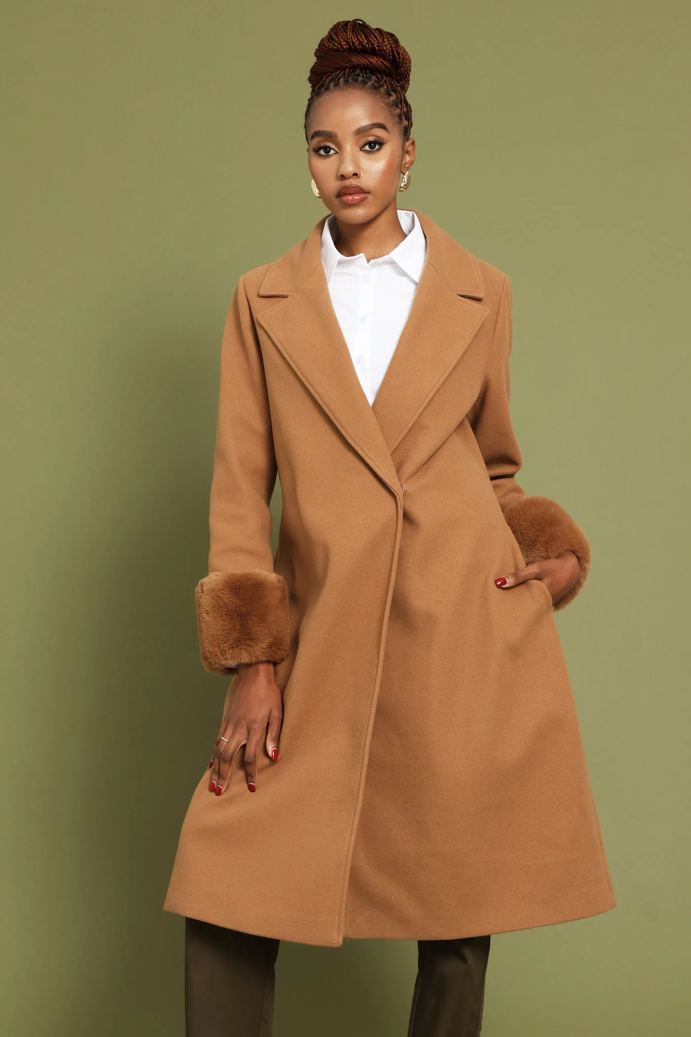 Diana Double Fur Sleeve Coat - Tan - Image 2