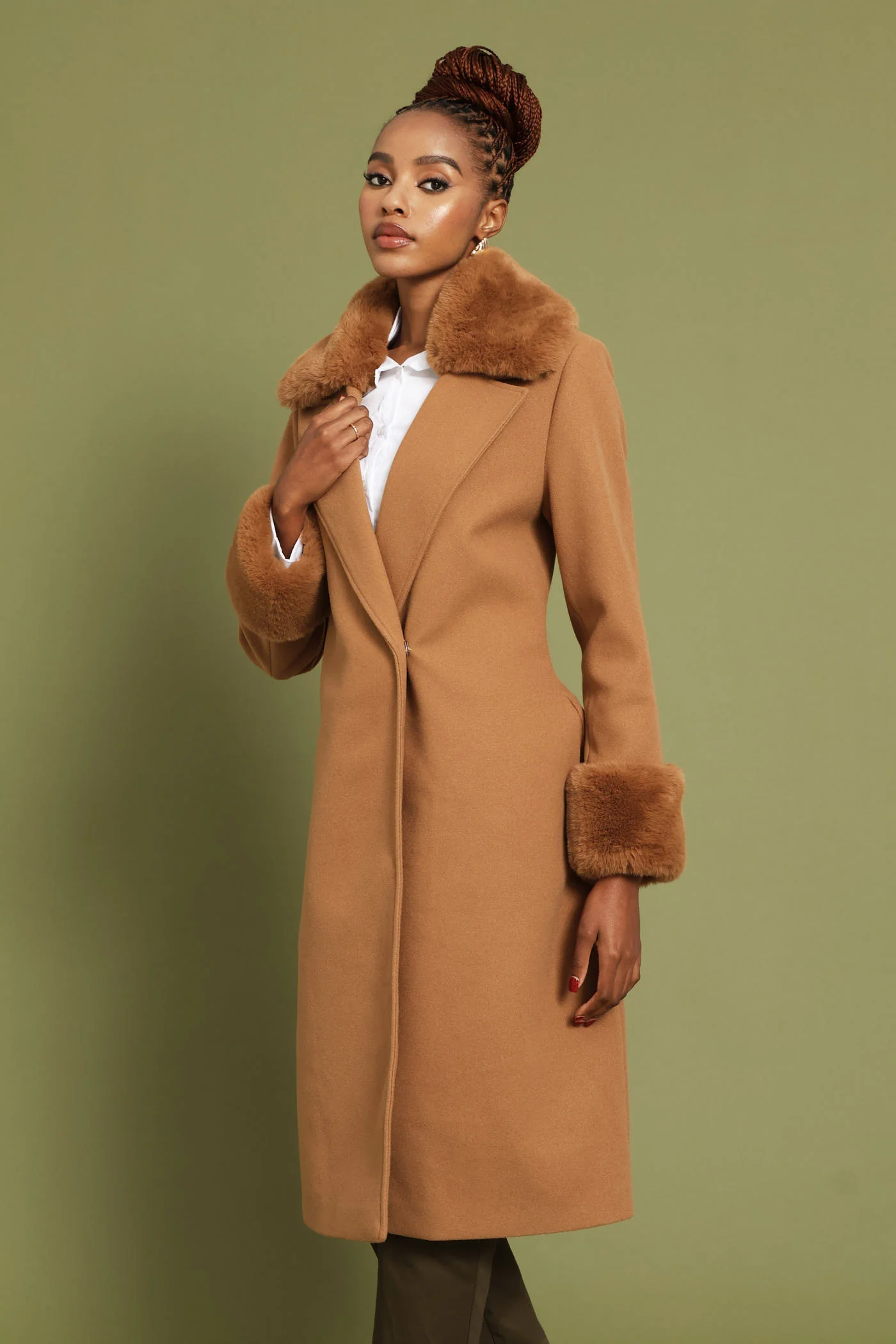 Diana Double Fur Sleeve Coat - Tan - Image 4