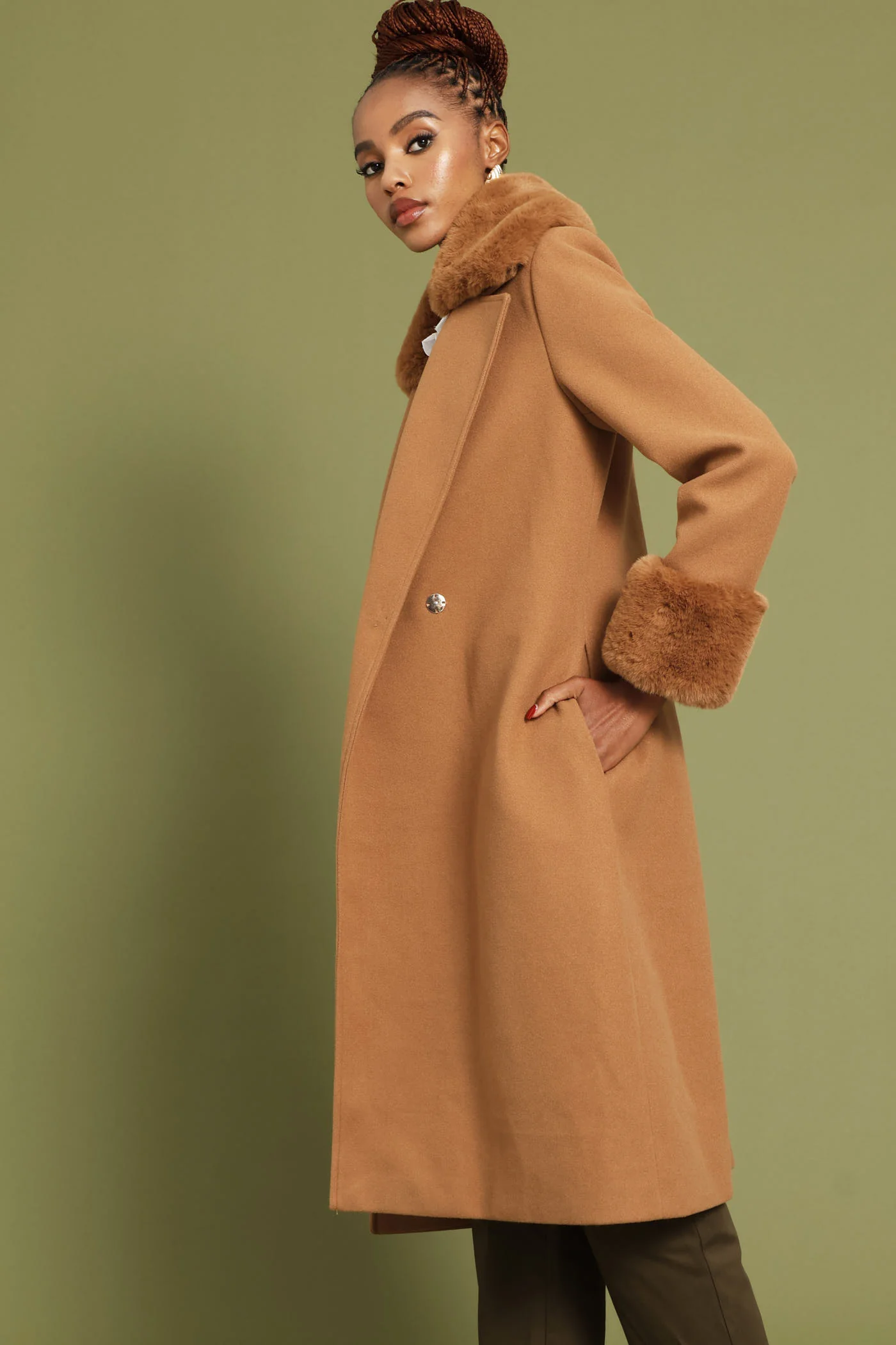 Diana Double Fur Sleeve Coat - Tan - Image 6