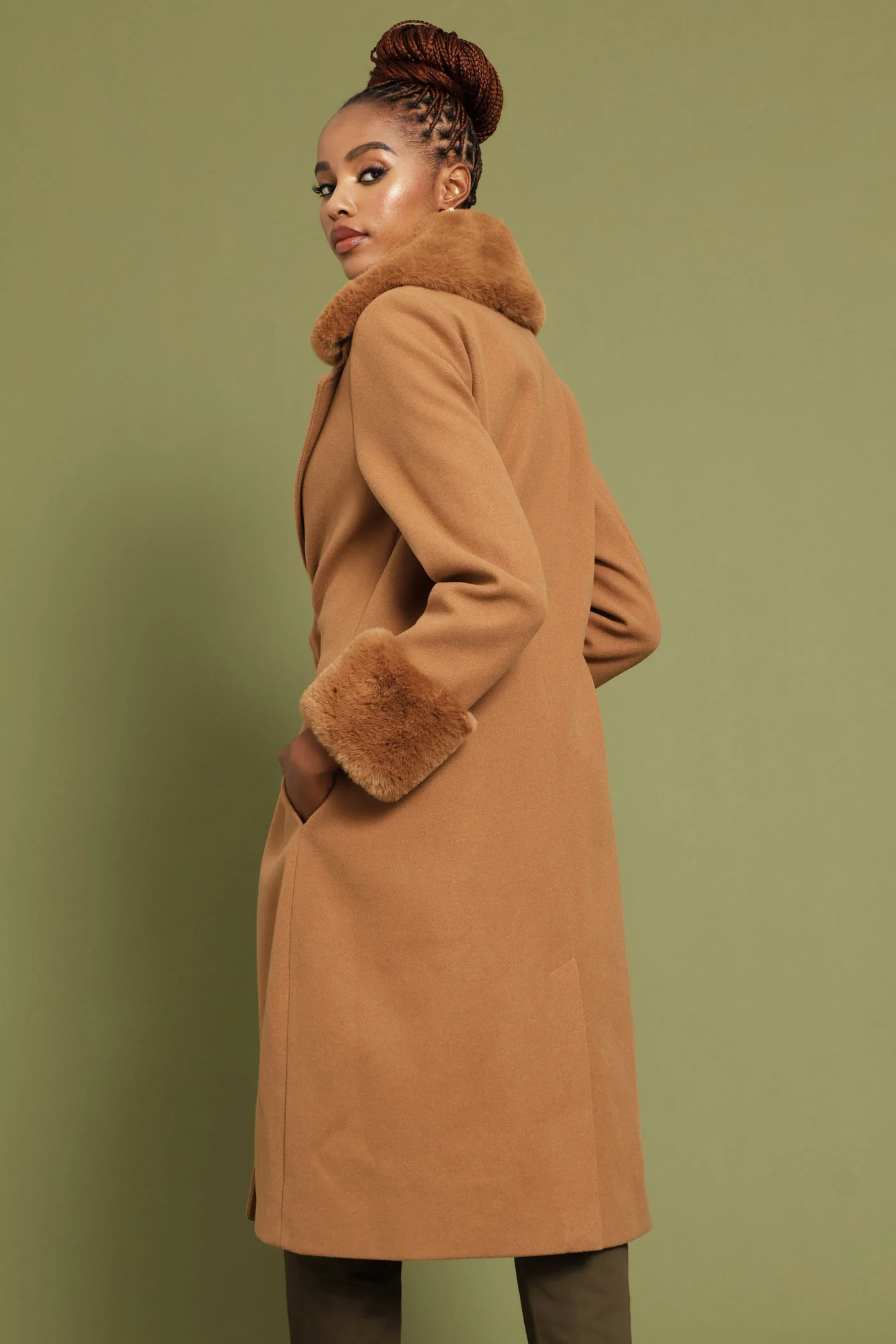 Diana Double Fur Sleeve Coat - Tan - Image 7