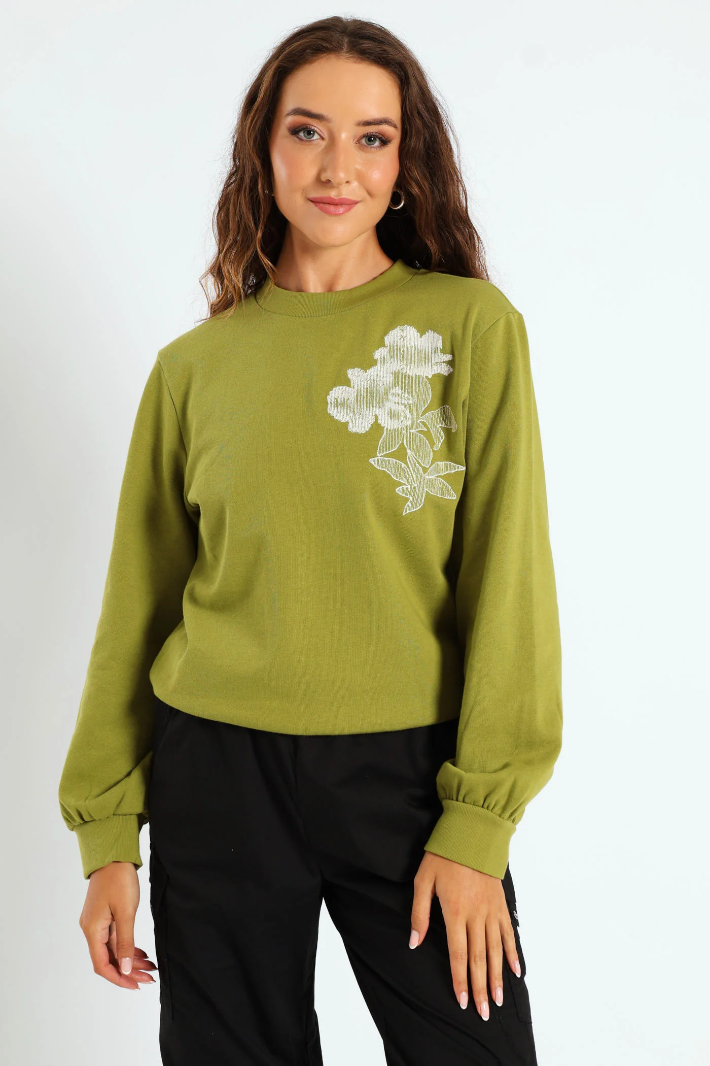 Digital Floral Emboidered Pullover - Avocado - Image 3
