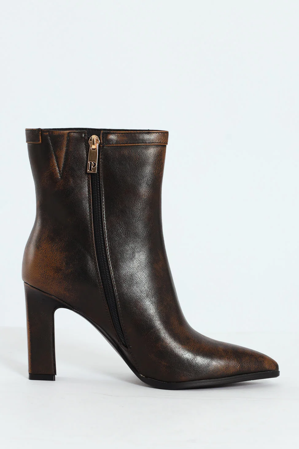 Distressed Pointed Toe Ankle Heeled Boot - Brown - Image 2