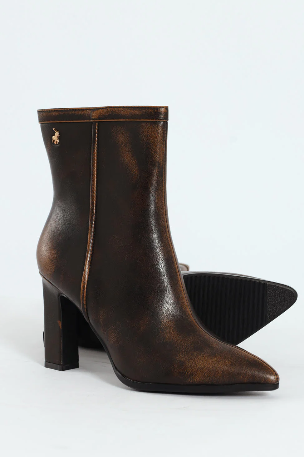 Distressed Pointed Toe Ankle Heeled Boot - Brown - Image 4