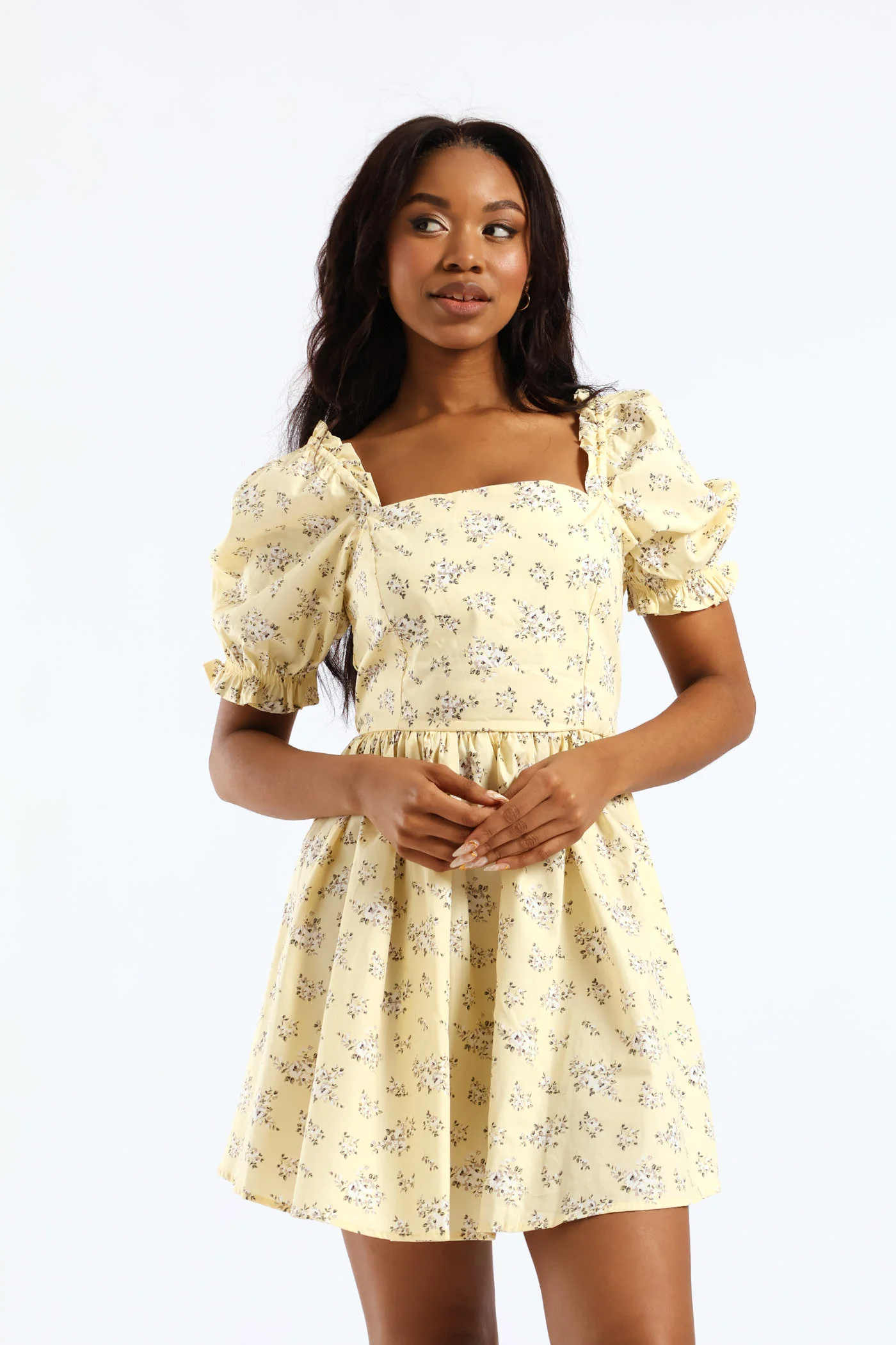 Ditsy Floral Puff Sleeve Mini Dress - Light Yellow - Image 2