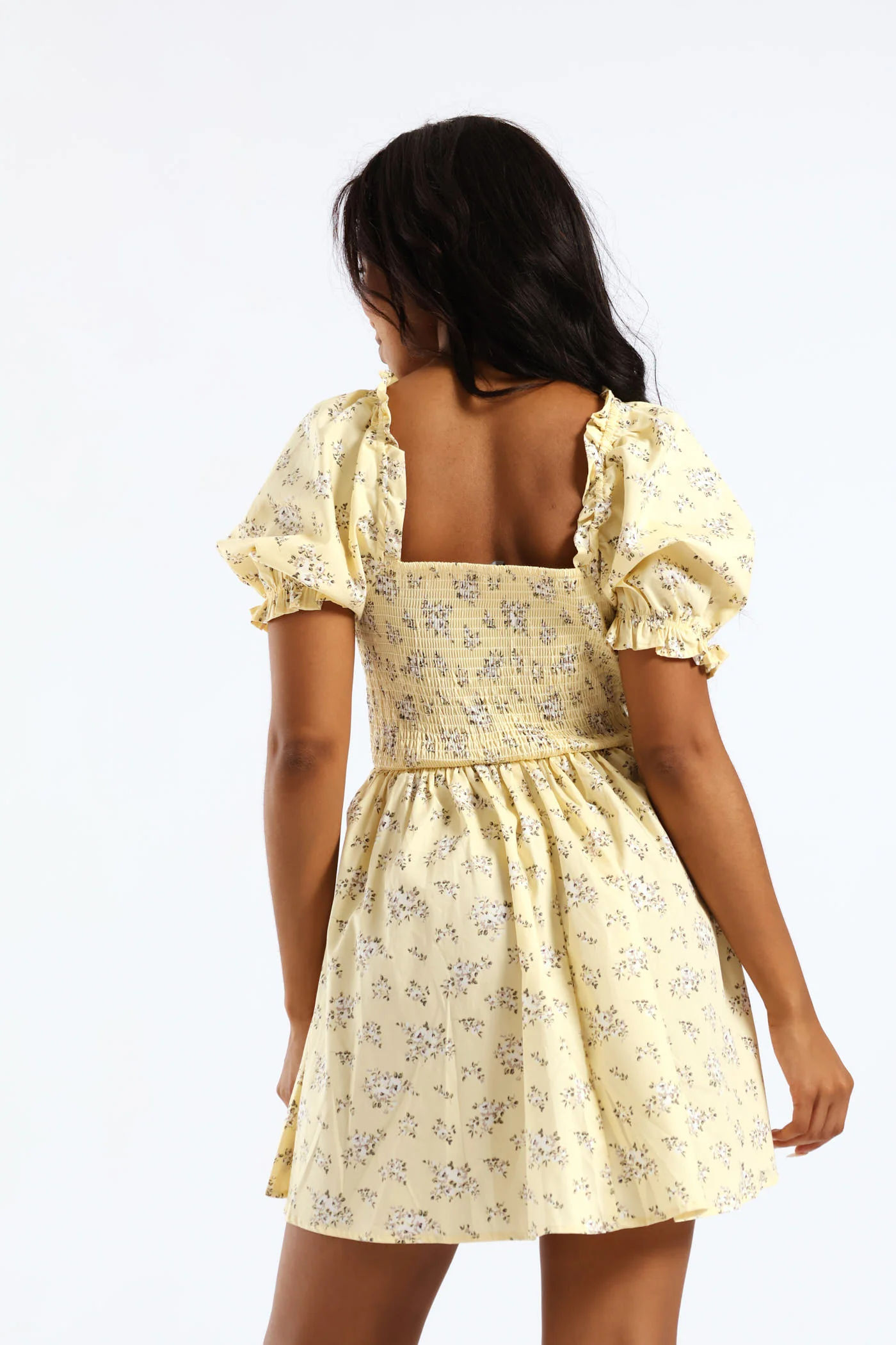 Ditsy Floral Puff Sleeve Mini Dress - Light Yellow - Image 4