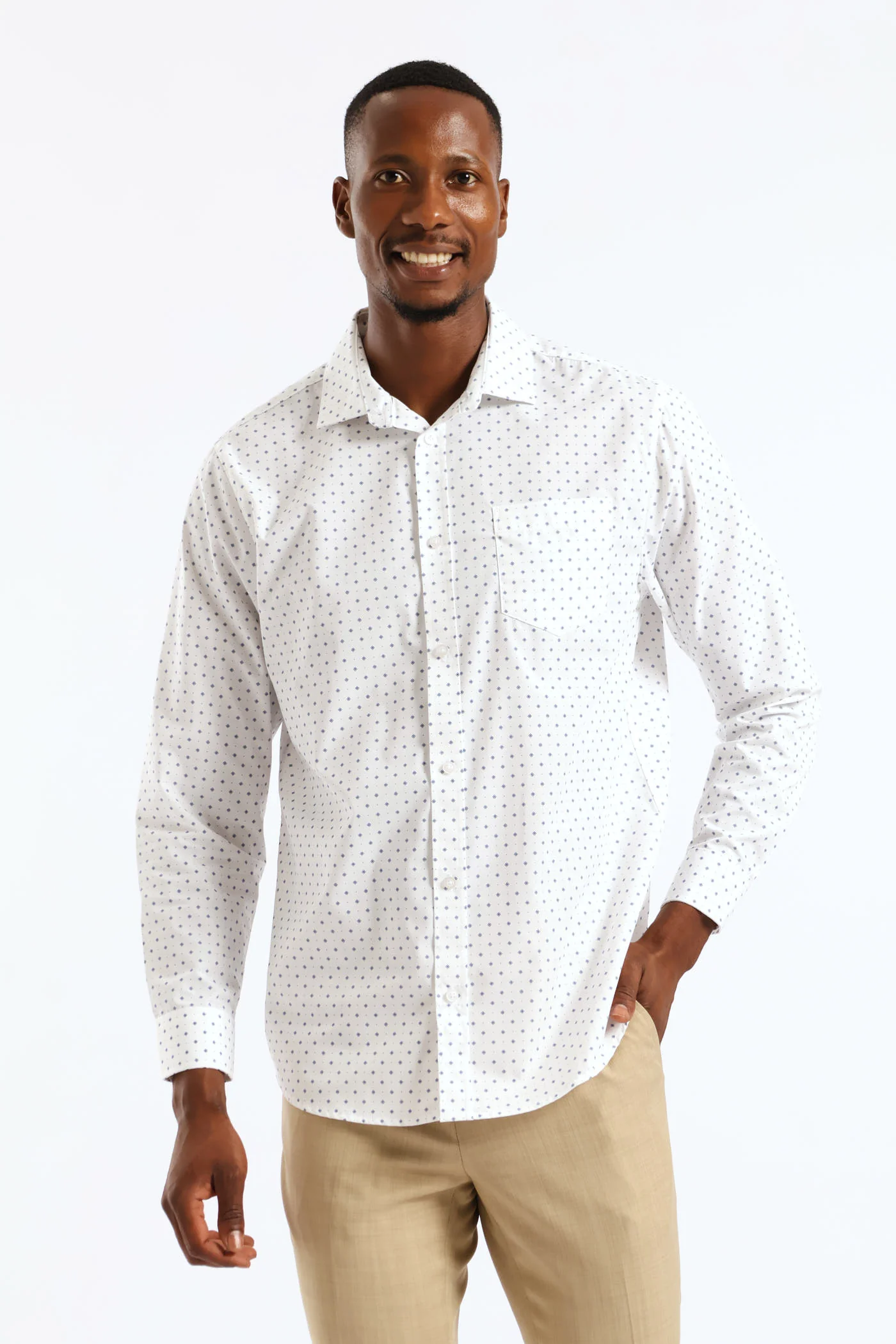 Ditsy Spotted Geometric Printed Shirt - White/Navy - Image 2