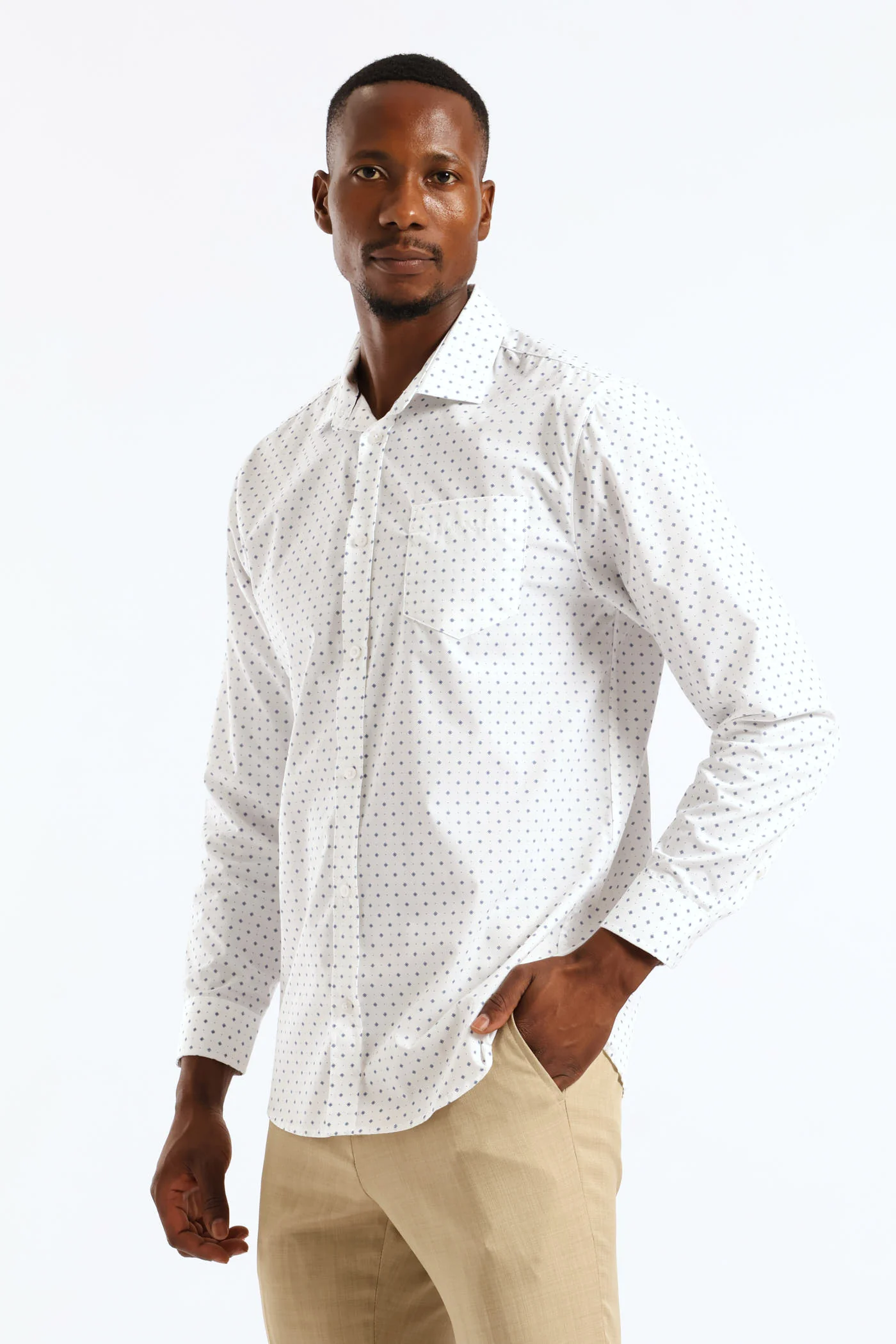 Ditsy Spotted Geometric Printed Shirt - White/Navy - Image 3