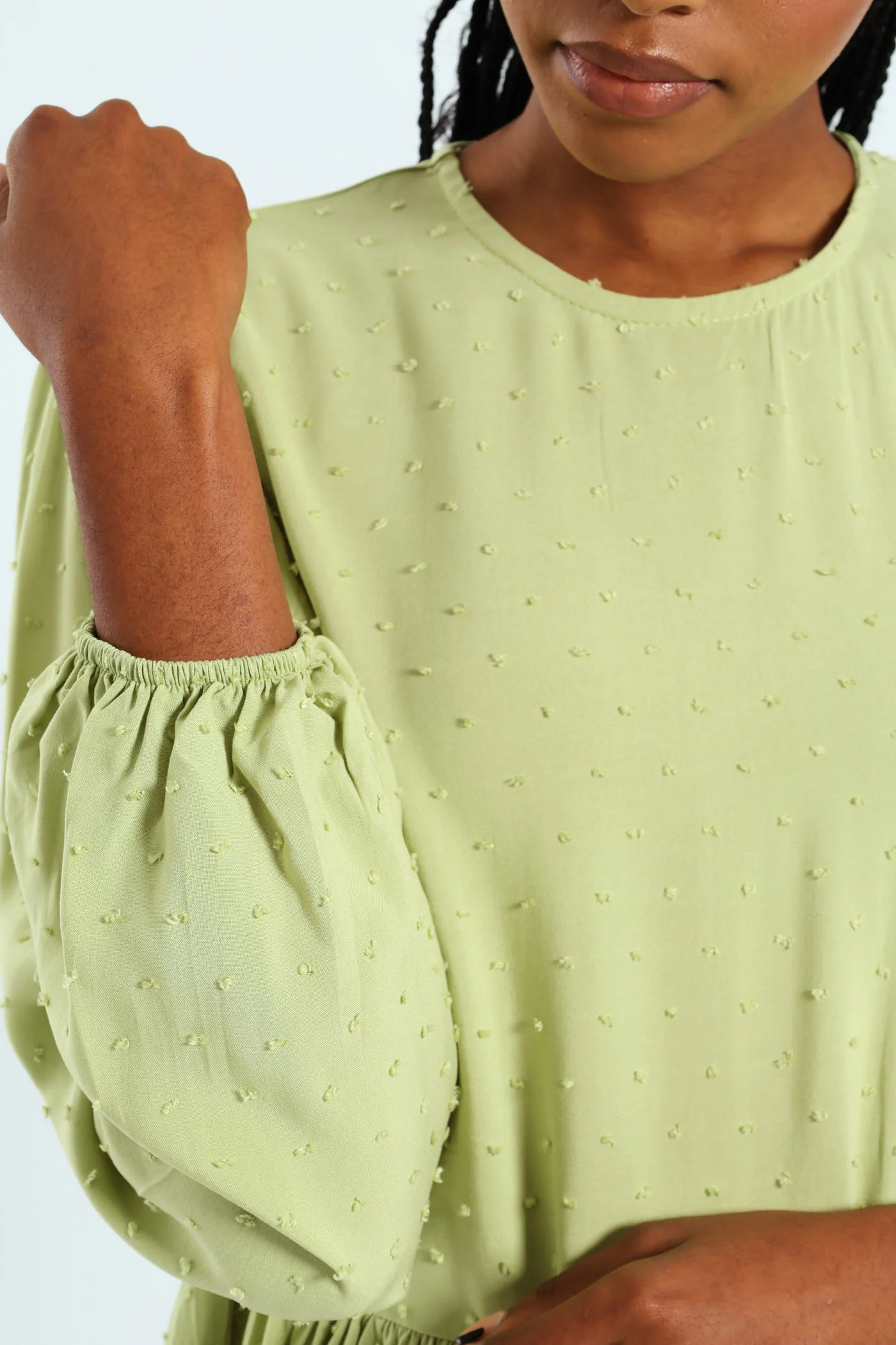 Dobby Clip Spot Popover Babydoll Blouse - Matcha - Image 2