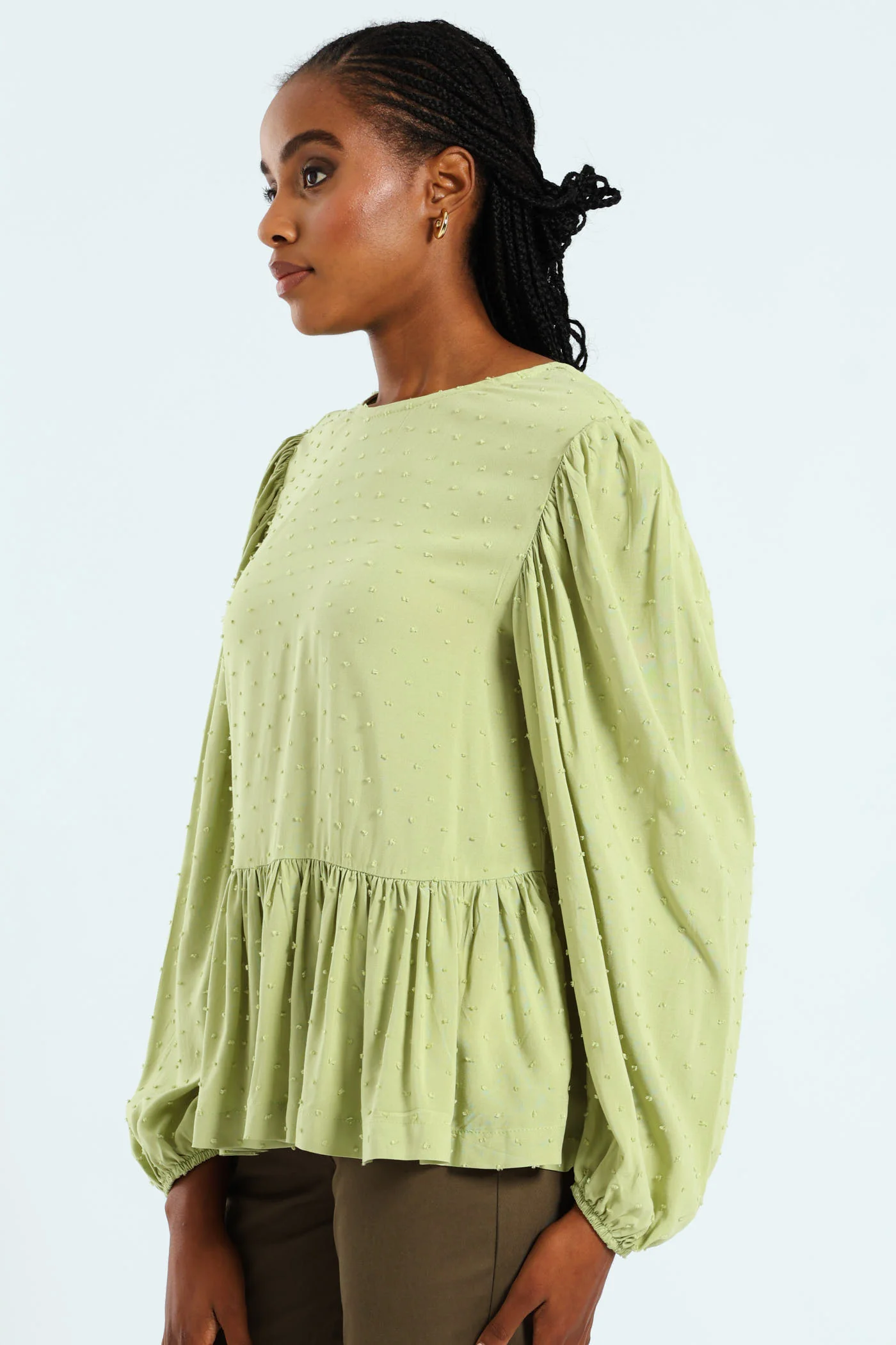 Dobby Clip Spot Popover Babydoll Blouse - Matcha - Image 3