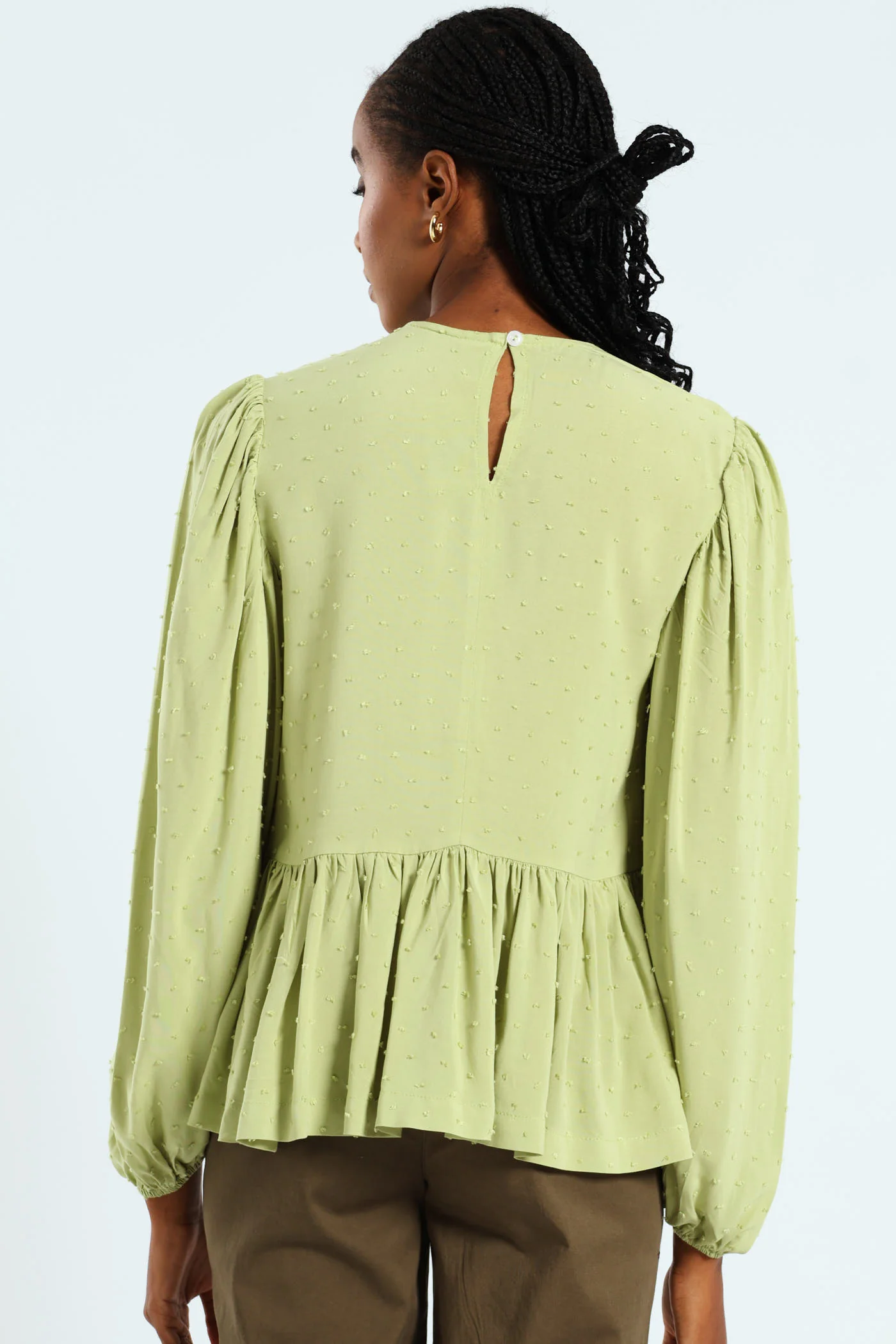 Dobby Clip Spot Popover Babydoll Blouse - Matcha - Image 4