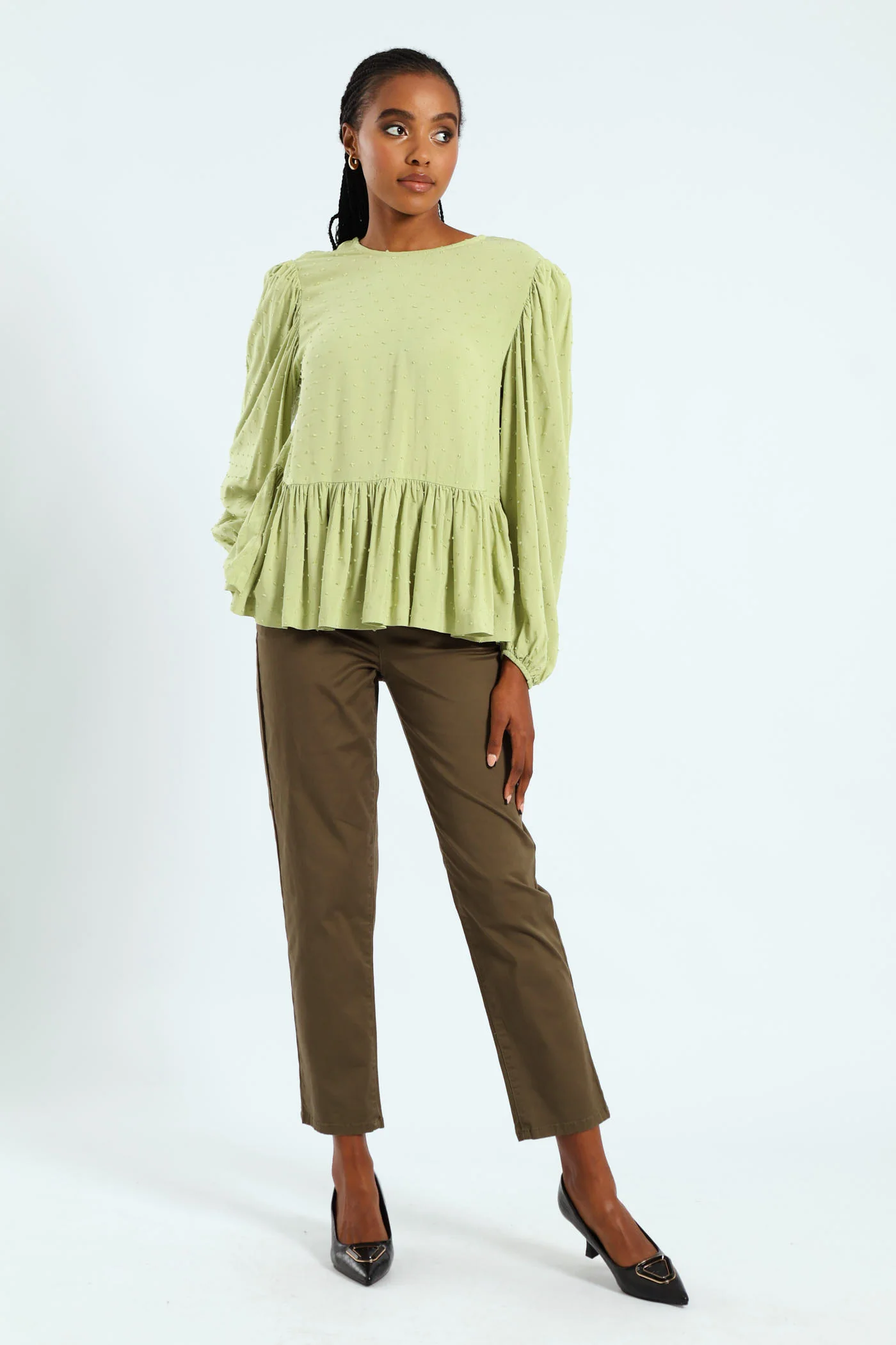 Dobby Clip Spot Popover Babydoll Blouse - Matcha - Image 6