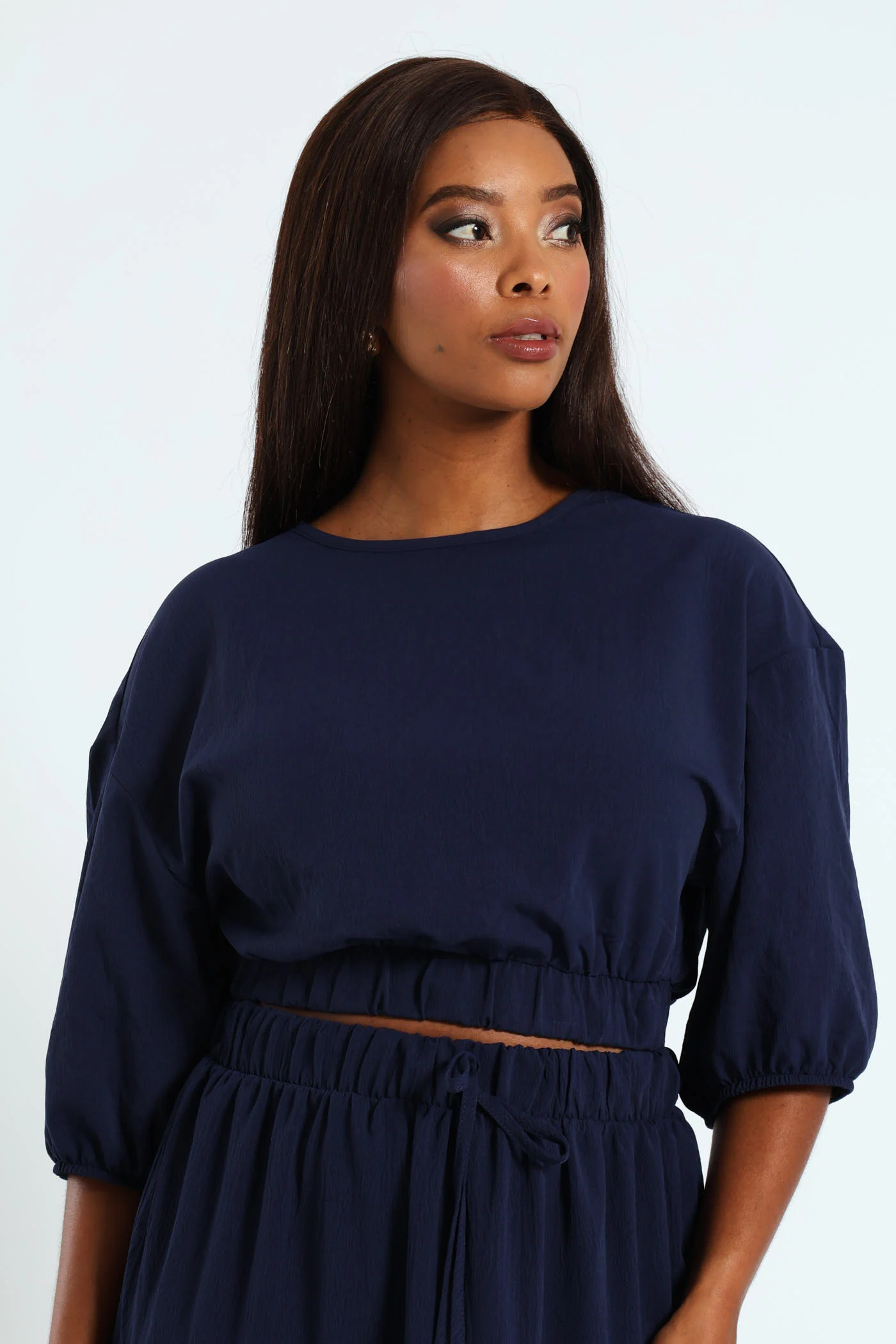 Dolman Bubble Sleeve Waisted Top - Navy - Image 2