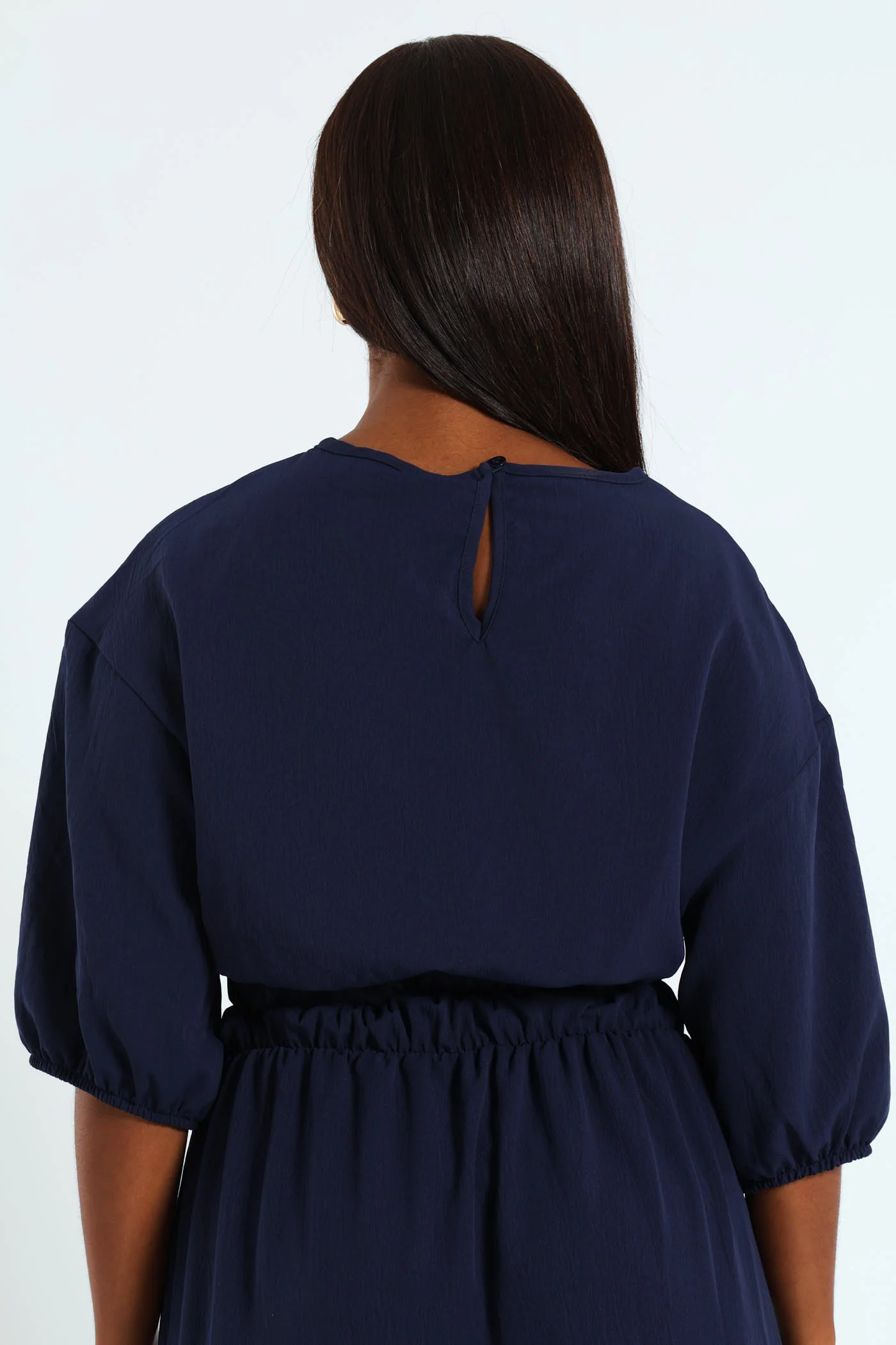 Dolman Bubble Sleeve Waisted Top - Navy - Image 3
