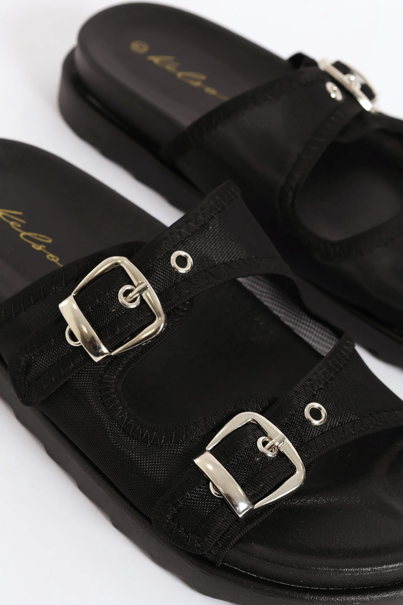 Double Band Buckle Detail Mesh Slide - Black - Image 2