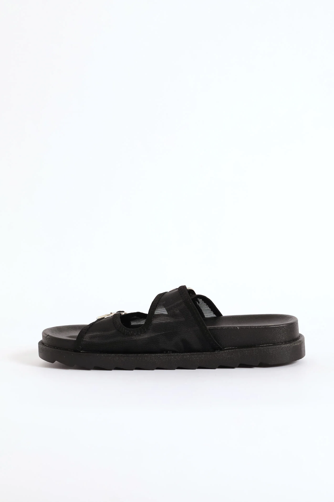 Double Band Buckle Detail Mesh Slide - Black - Image 3