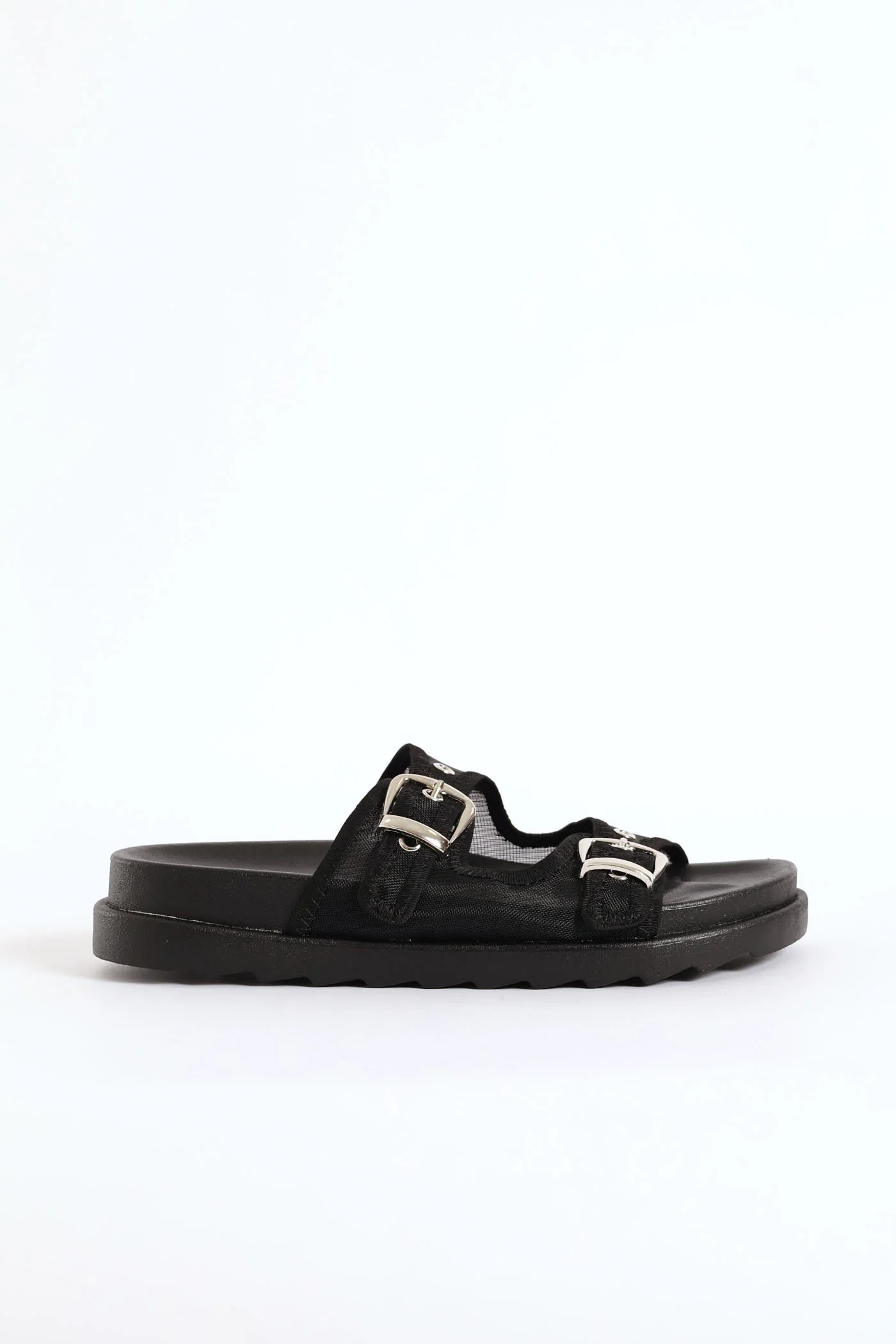 Double Band Buckle Detail Mesh Slide - Black - Image 4