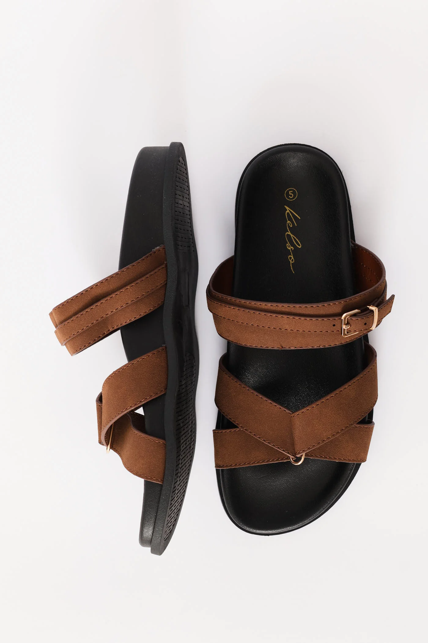Double Band Slide Sandal On Moulded Footbead - Tan - Image 5