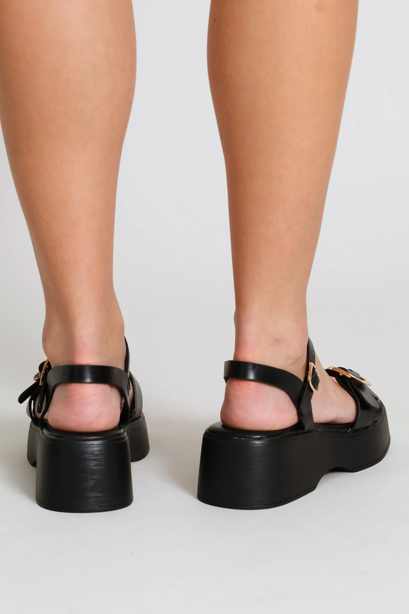 Double Band Square Buckle Detail Flatform Sandal - Black - Image 4