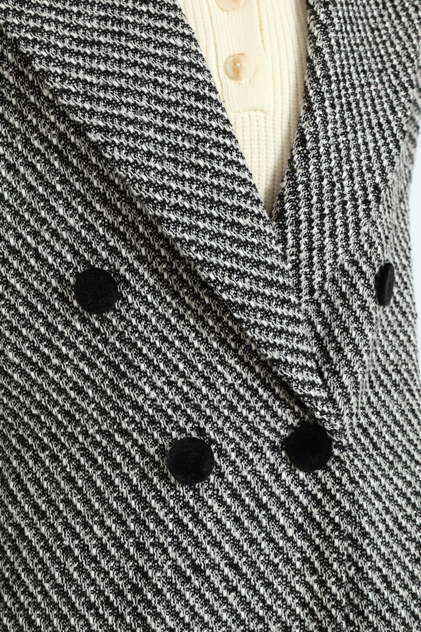 Double Breasted Chevron Tweed Coat - Black/Grey - Image 2