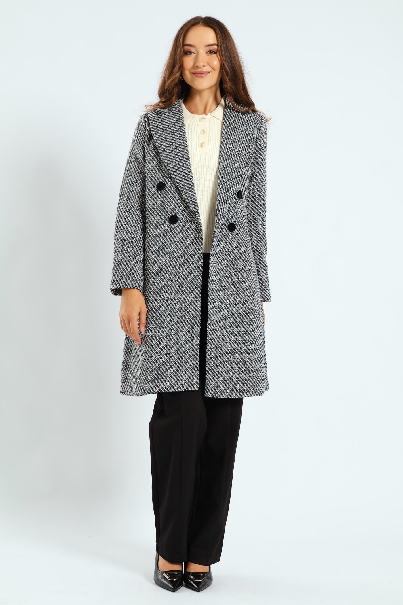 Double Breasted Chevron Tweed Coat - Black/Grey - Image 6