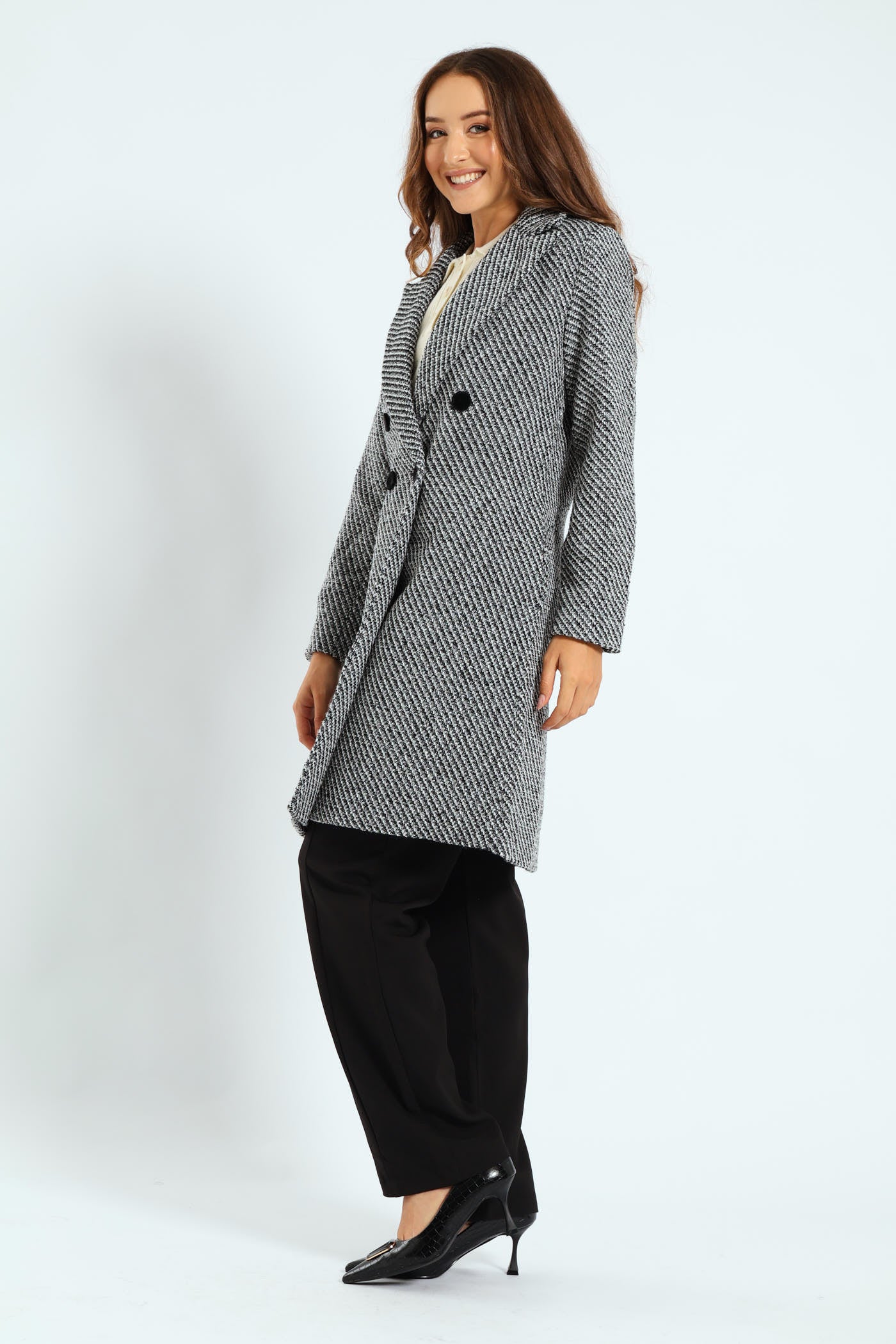 Double Breasted Chevron Tweed Coat - Black/Grey - Image 7