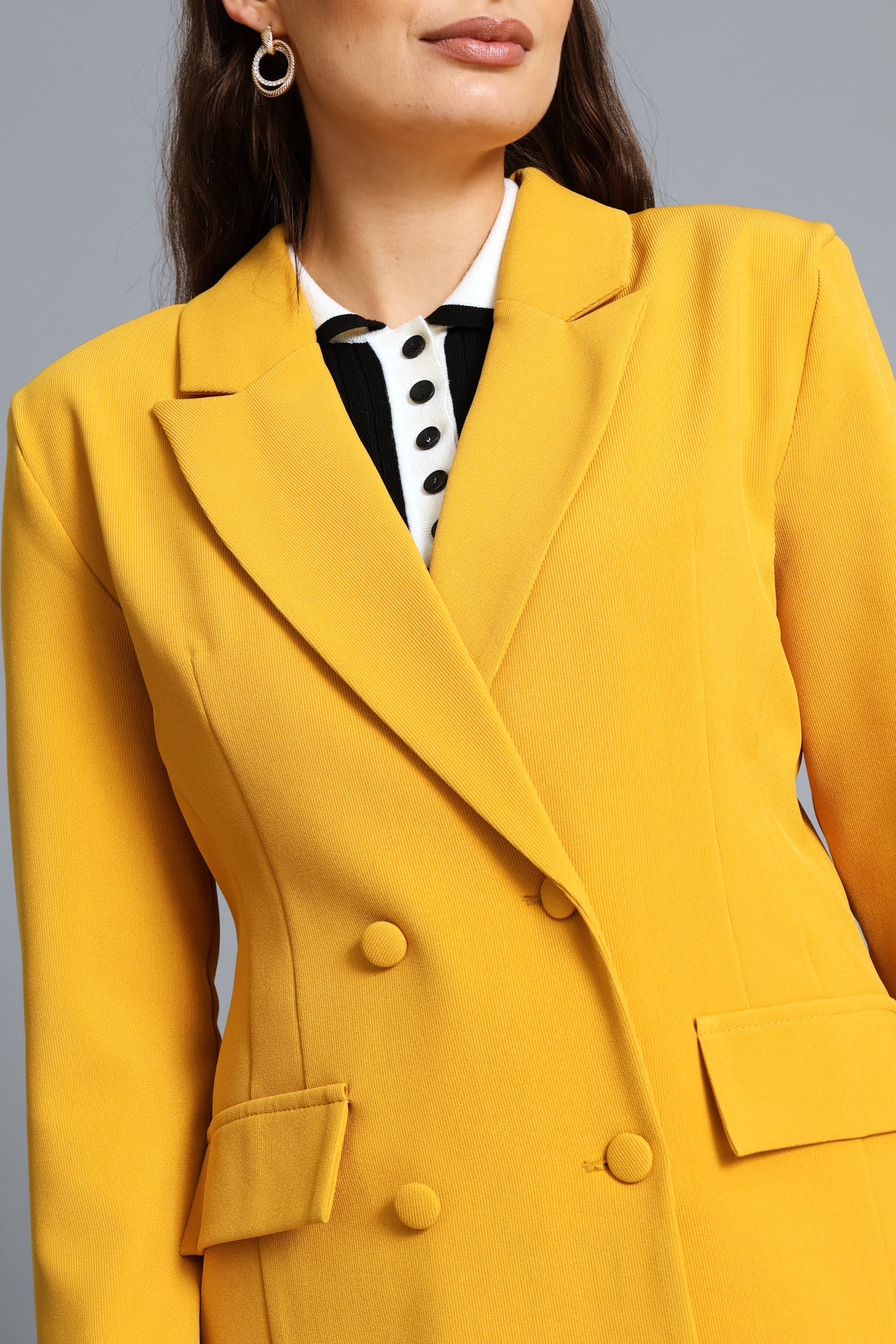 Double Breasted Covered Button Blazer - Mustard - Image 3