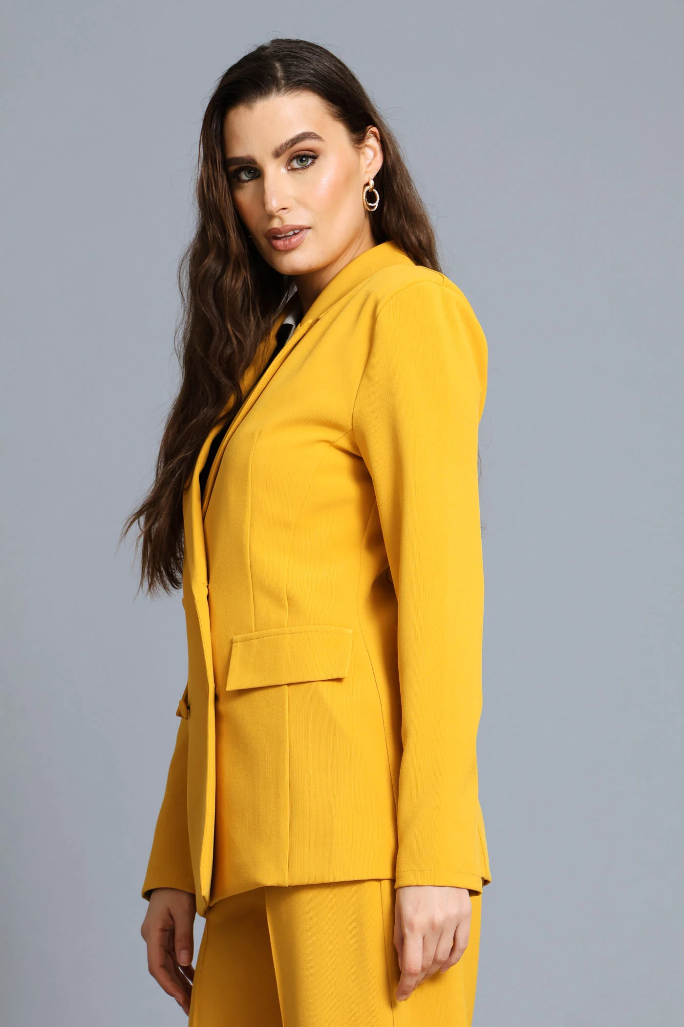 Double Breasted Covered Button Blazer - Mustard - Image 4